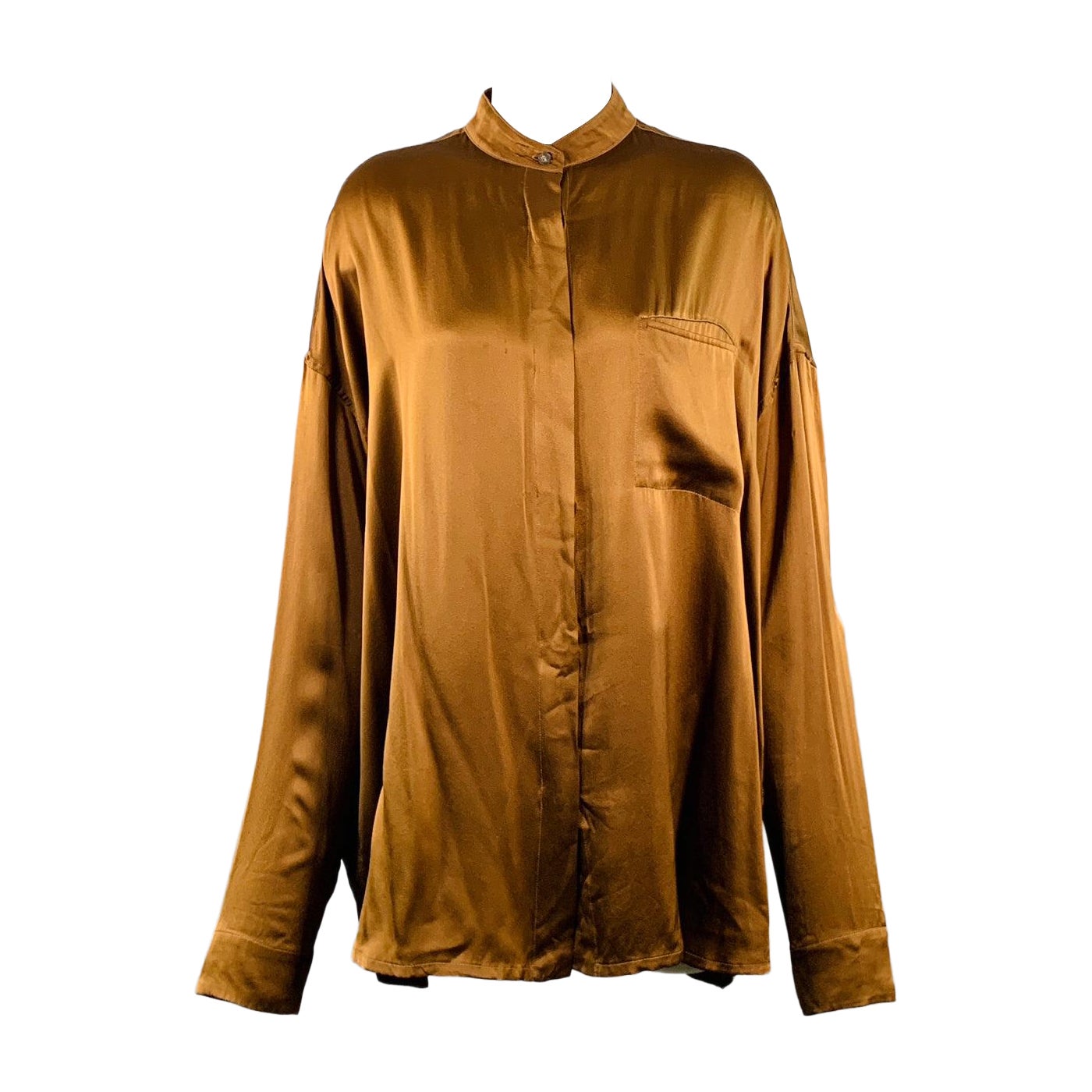 HAIDER ACKERMANN Size S Brown Silk Satin Nehru Collar Hidden Buttons Shirt