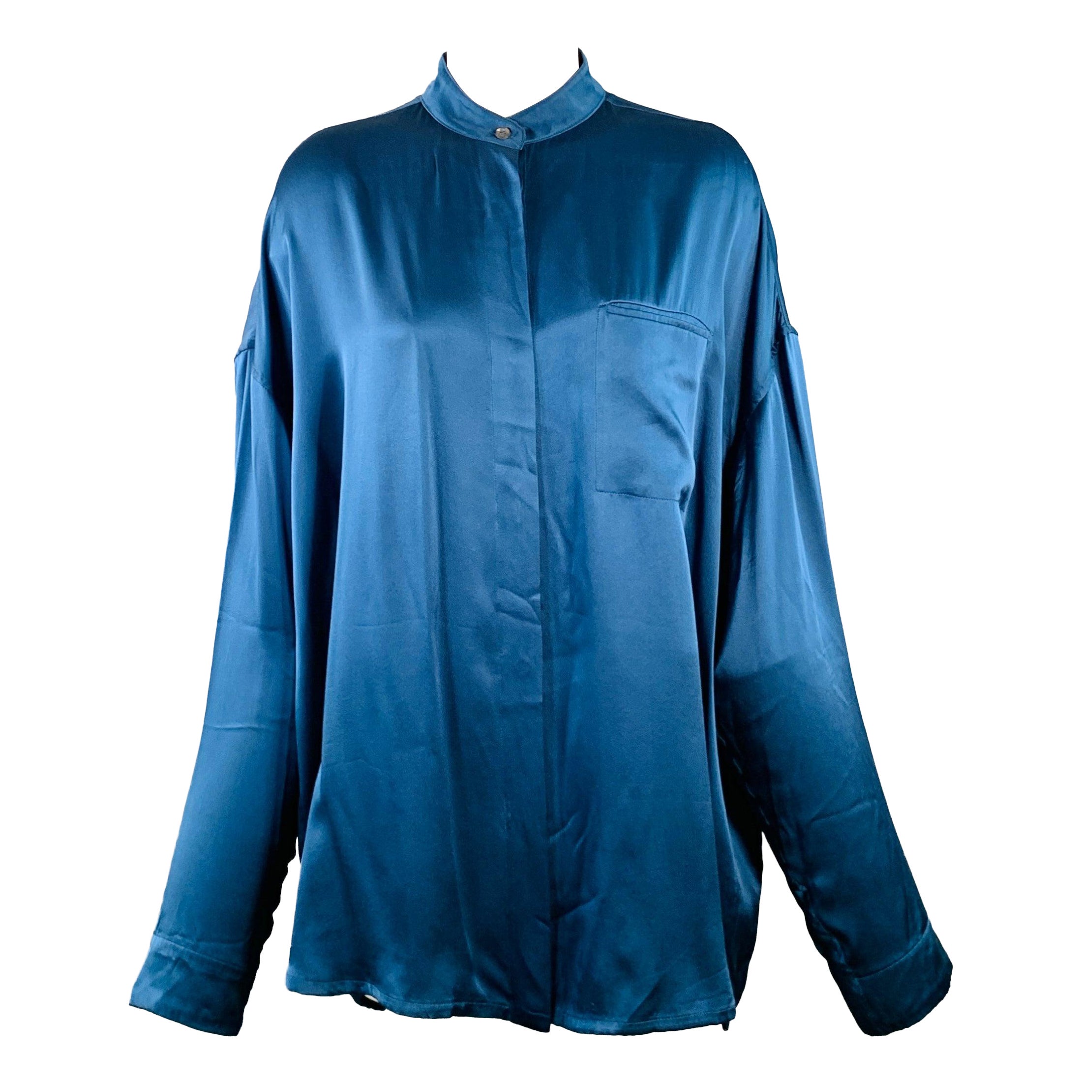 HAIDER ACKERMANN Size S Teal Silk Satin Nehru Collar Hidden Buttons Shirt