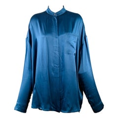 HAIDER ACKERMANN Size S Teal Silk Satin Nehru Collar Hidden Buttons Shirt