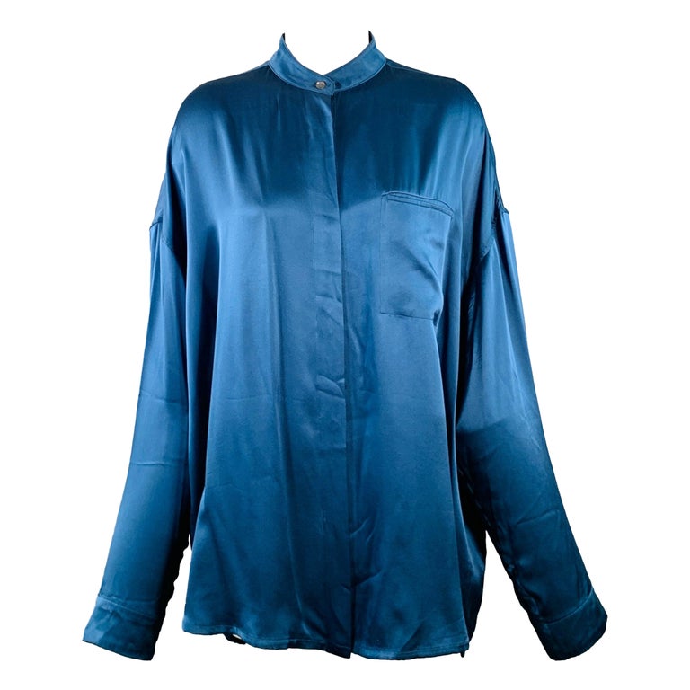 HAIDER ACKERMANN Size S Teal Silk Satin Nehru Collar Hidden