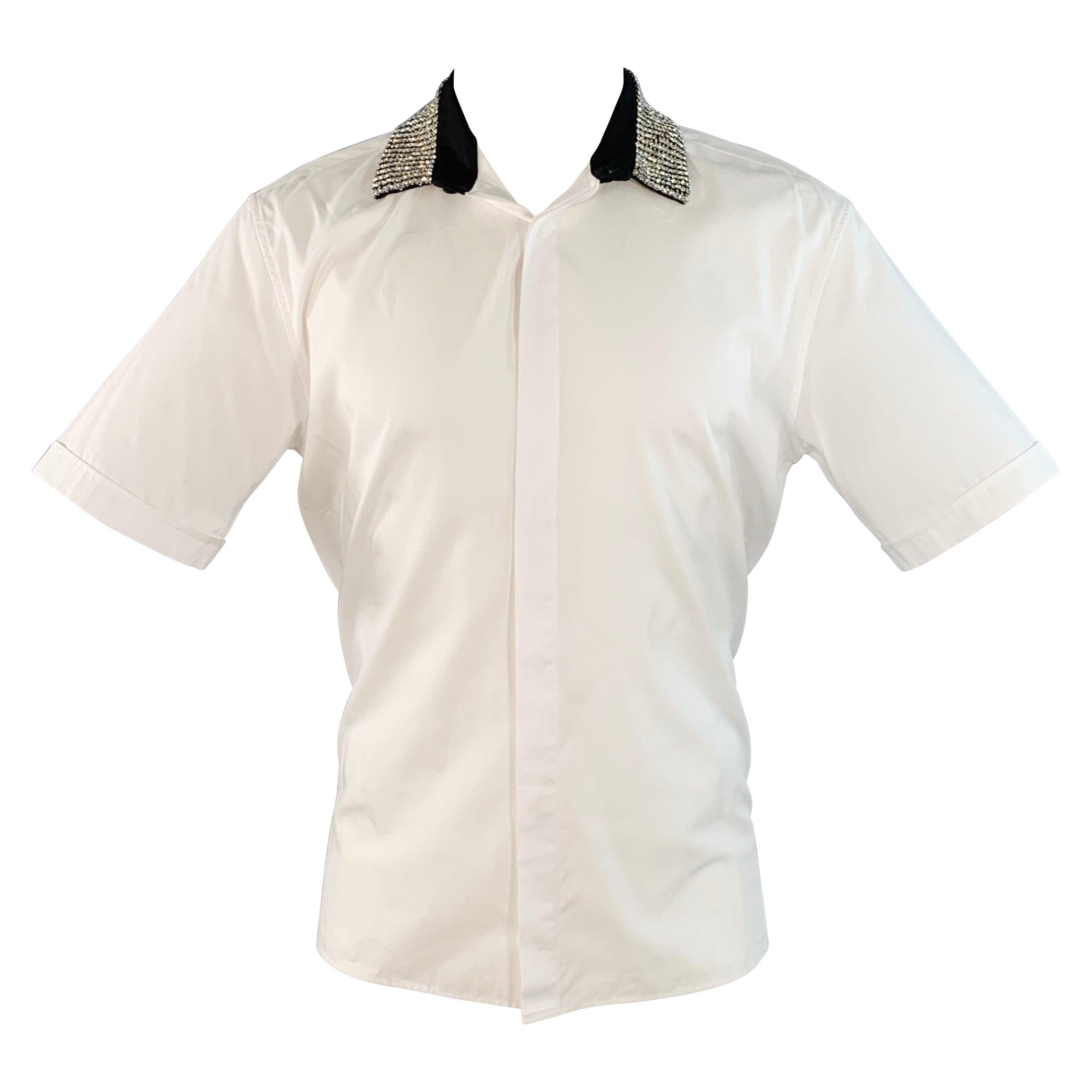 HAIDER ACKERMANN Camisa de manga corta de algodón con perlas y cristales, talla S Blanco con tapeta oculta en venta