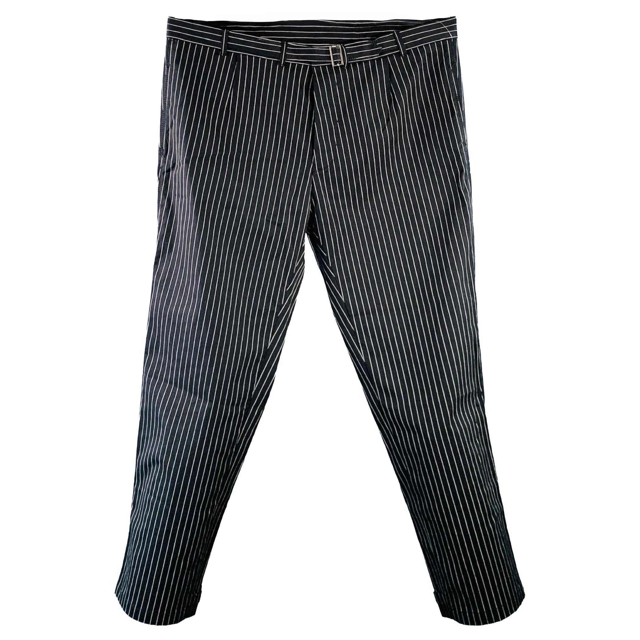 HAIDER ACKERMANN Size XL Black White Stripe Cotton Blend Belted Casual Pants