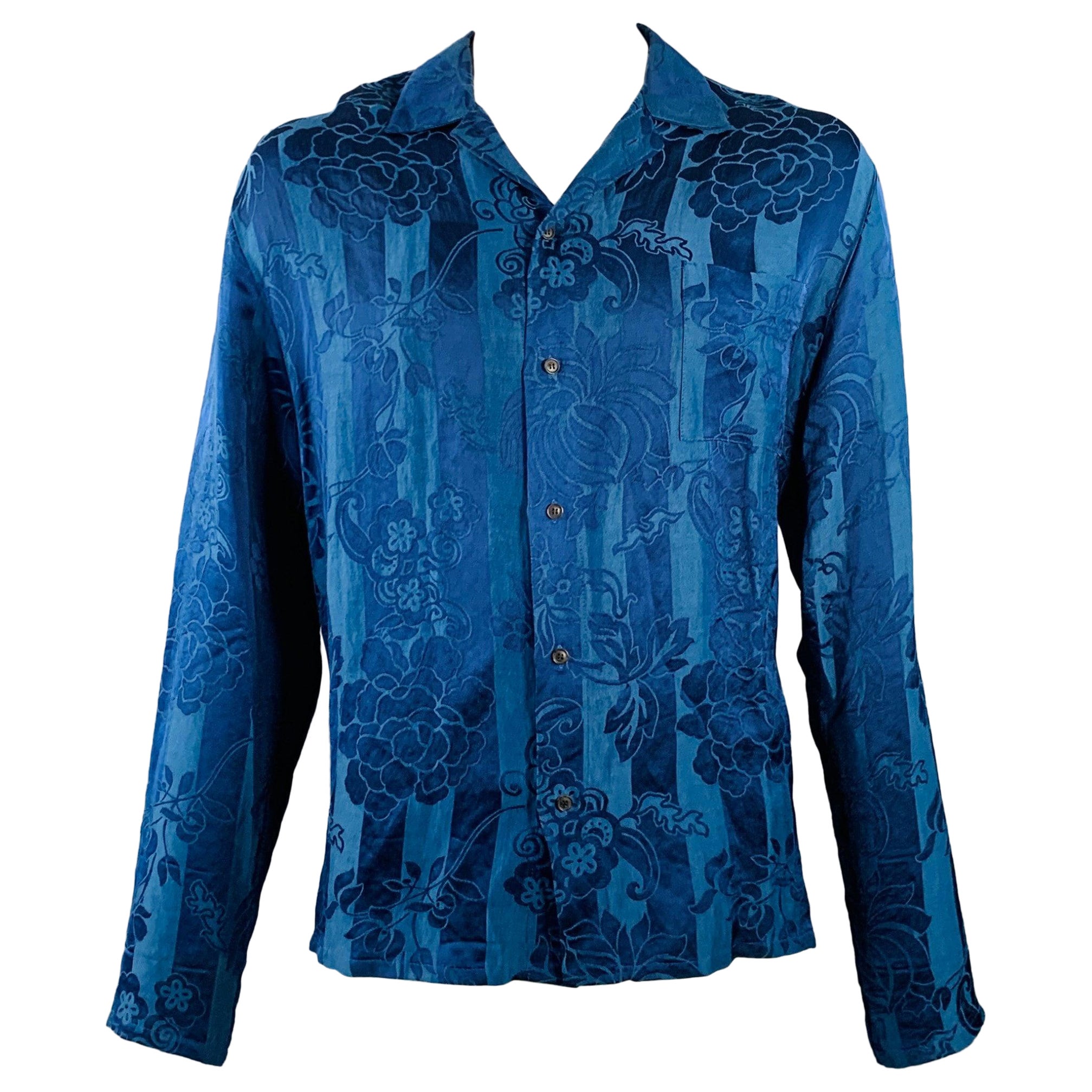 HAIDER ACKERMANN Size XL Blue Jacquard Linen Silk Floral One Pocket Long Sleeve Shirt