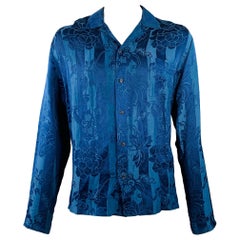 HAIDER ACKERMANN Size XL Blue Jacquard Linen Silk Floral One Pocket Long Sleeve Shirt