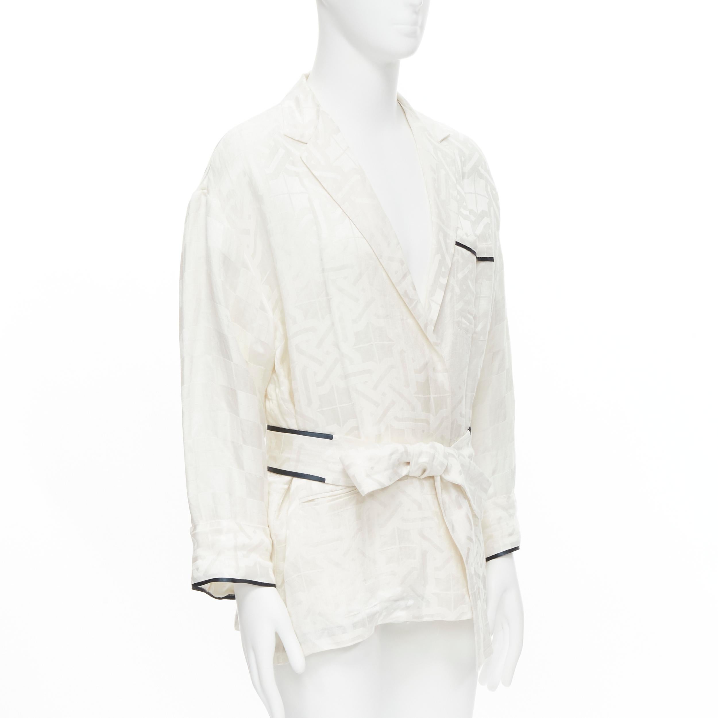 HAIDER ACKERMANN white geometric jacquard linen silk belted robe shirt FR36  XS