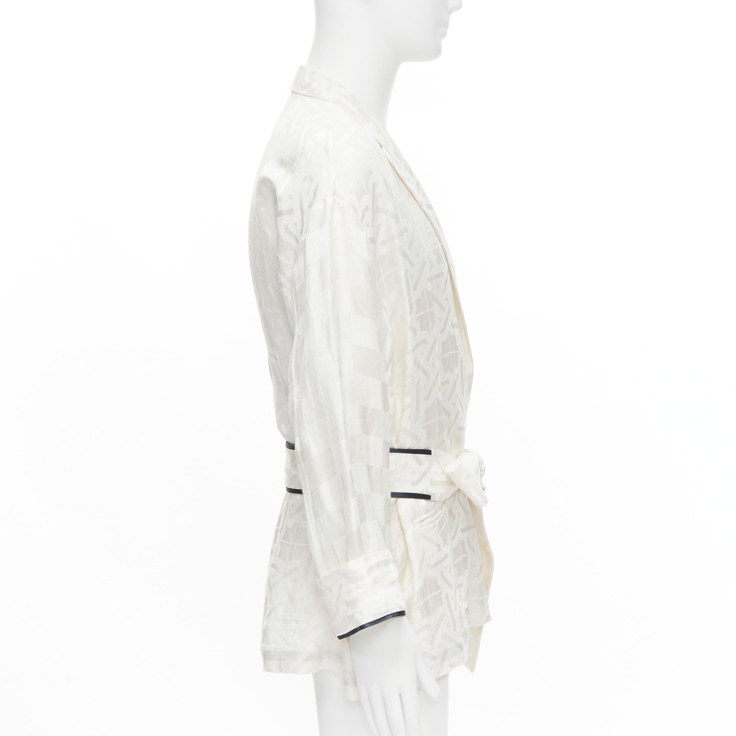 HAIDER ACKERMANN white geometric jacquard linen silk belted robe shirt FR36 XS In Good Condition For Sale In Hong Kong, NT