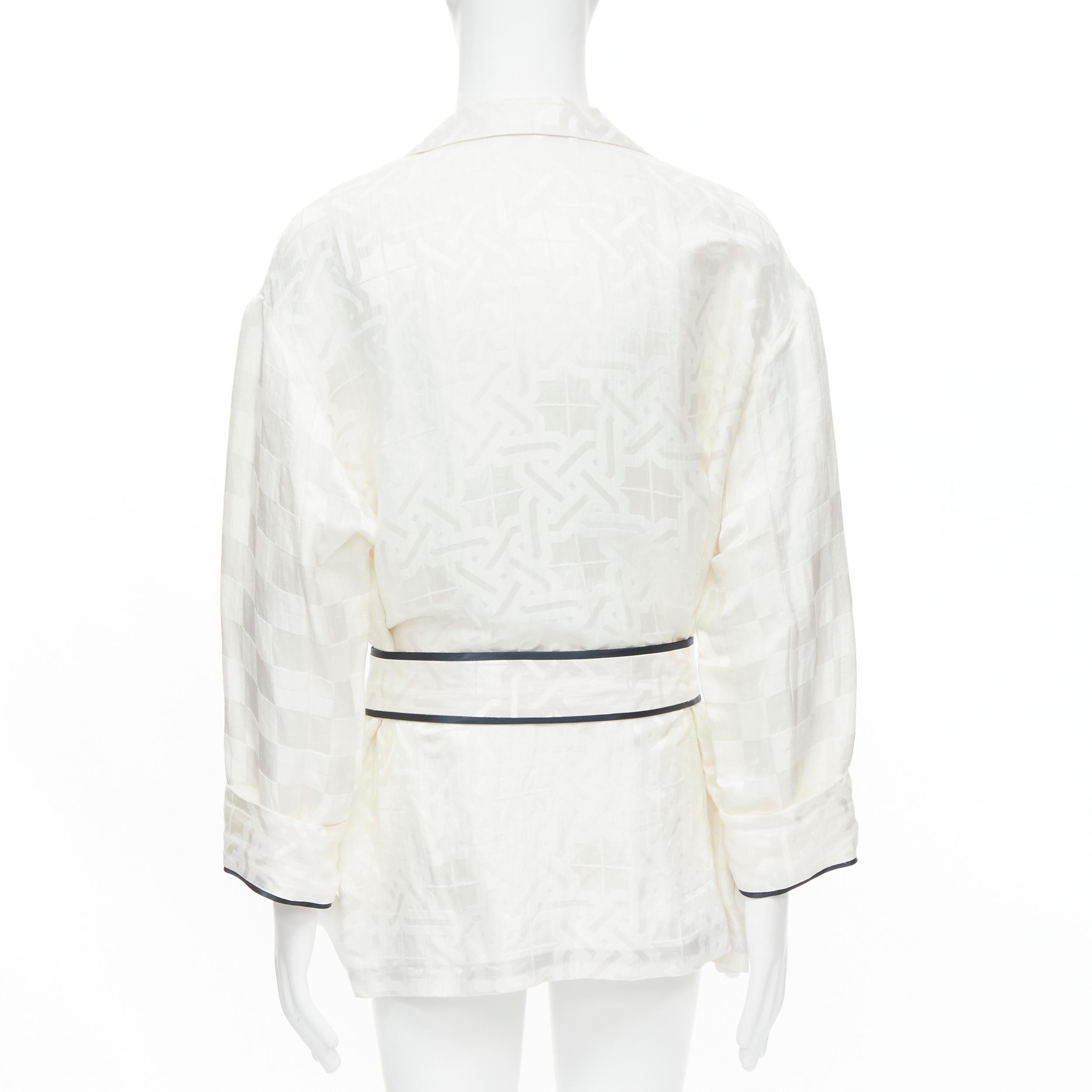 Women's HAIDER ACKERMANN white geometric jacquard linen silk belted robe shirt FR36 XS For Sale
