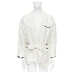 Haider Ackermann, camicia a vestaglia in lino e seta con cintura, di colore bianco geometrico, FR36 XS