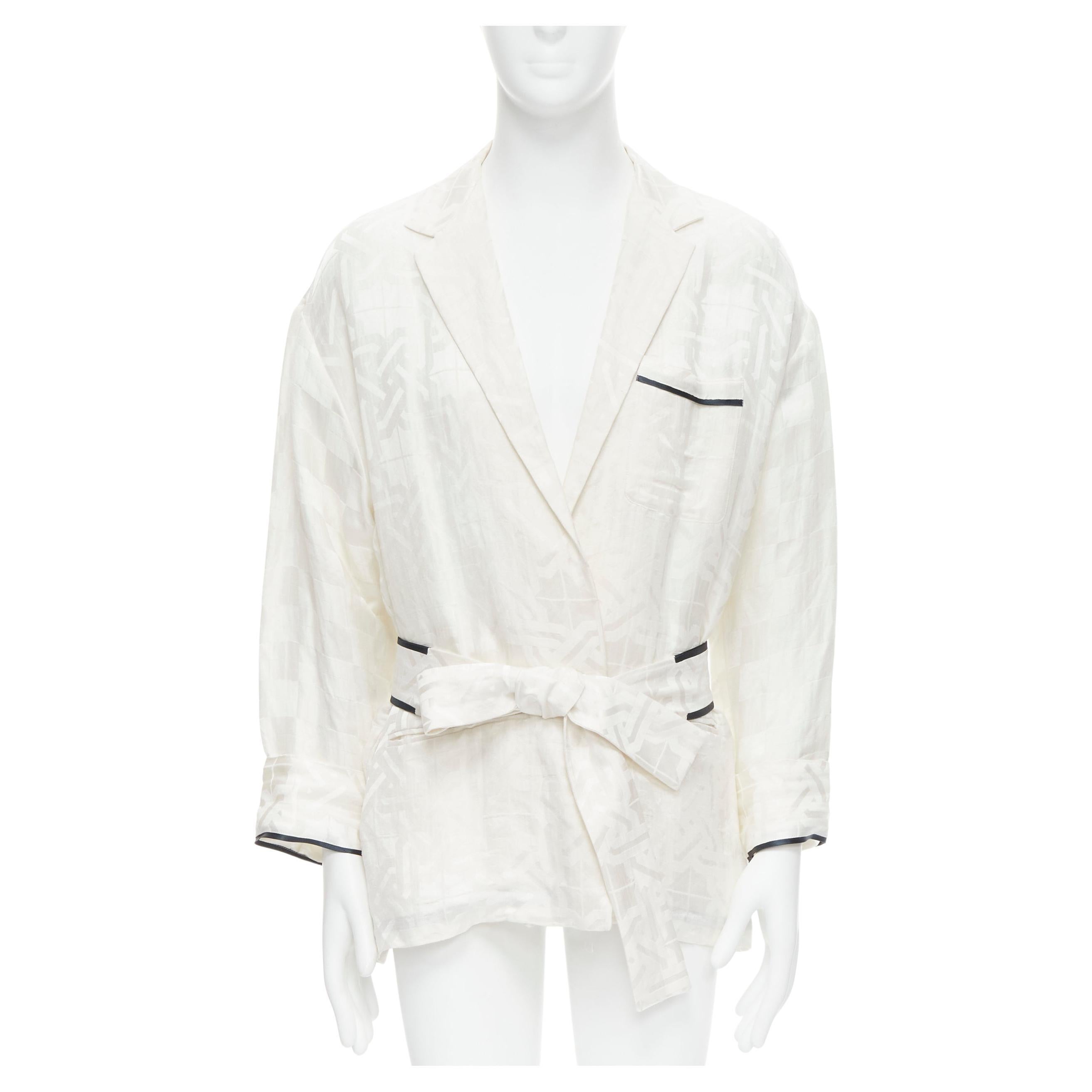 HAIDER ACKERMANN white geometric jacquard linen silk belted robe shirt FR36 XS For Sale