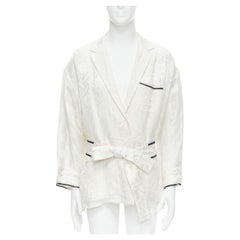 HAIDER ACKERMANN chemise peignoir ceinturée en jacquard géométrique blanc de lin et soie FR36 XS