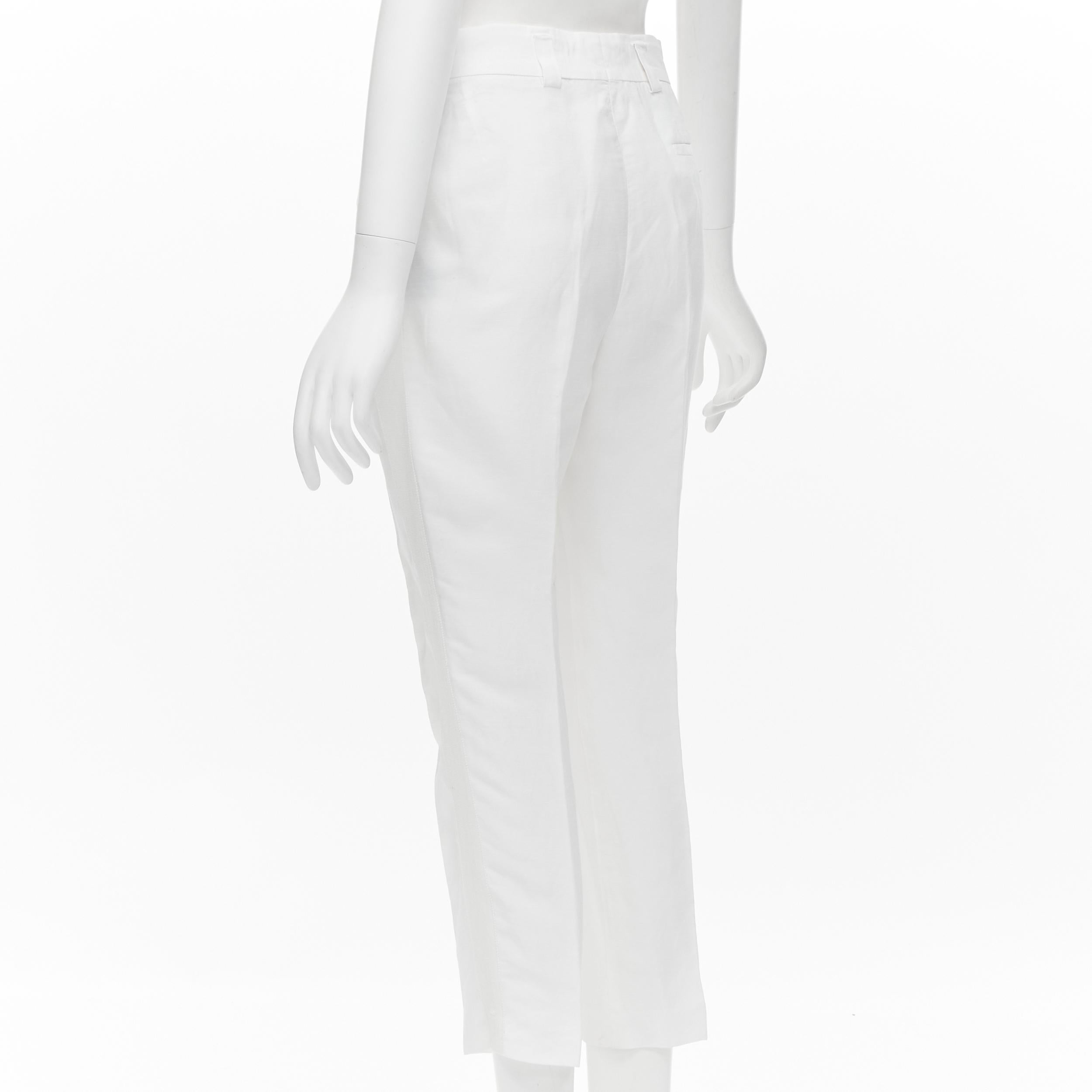 Women's HAIDER ACKERMANN white grosgrain linen drop crotch cropped trousers FR38 S For Sale