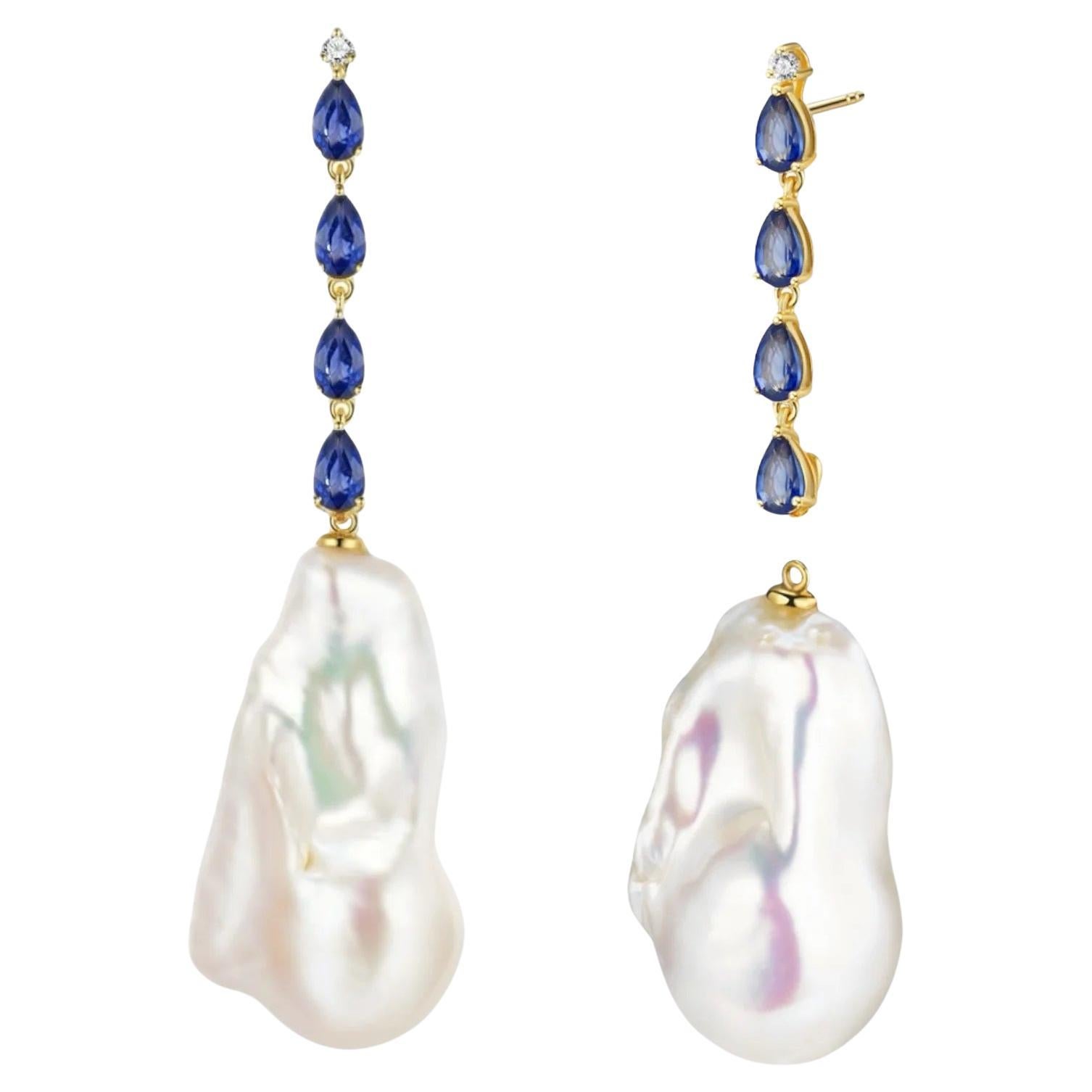 Nina Zhou Sapphire Diamond Drop and Baroque Pearl Convertible Earrings