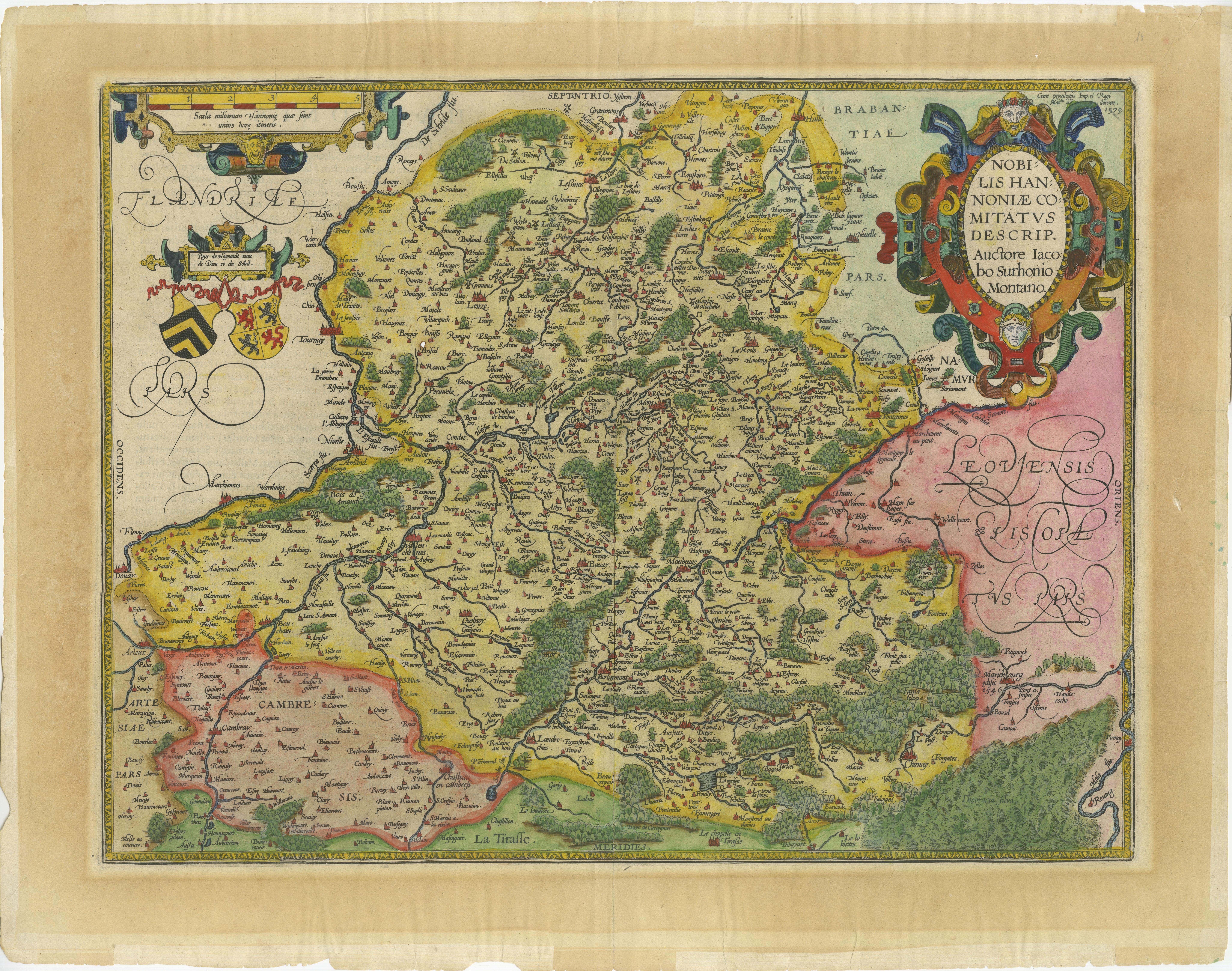 Mappa decorativa del XVI secolo della Francia settentrionale di Ortelius, circa 1590

Questa mappa antica riccamente colorata, intitolata *Nobilis Hannoniae Comitatus Descriptio*, raffigura la contea di Hainaut e le regioni circostanti nel nord