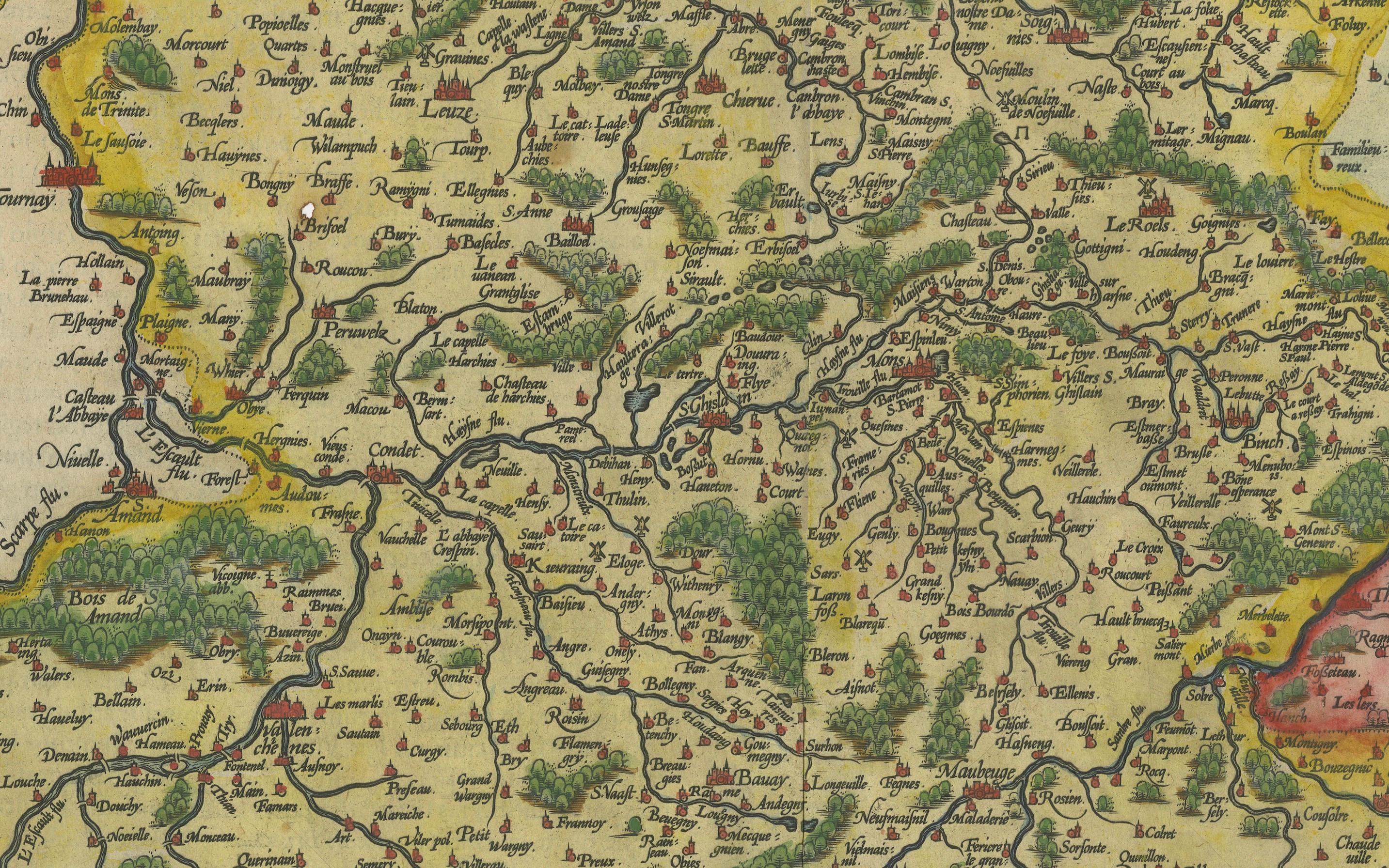 Belga Mappa dell'Hainaut di Ortelius del 1590 - Rara mappa di confine franco-belga colorata a mano in vendita
