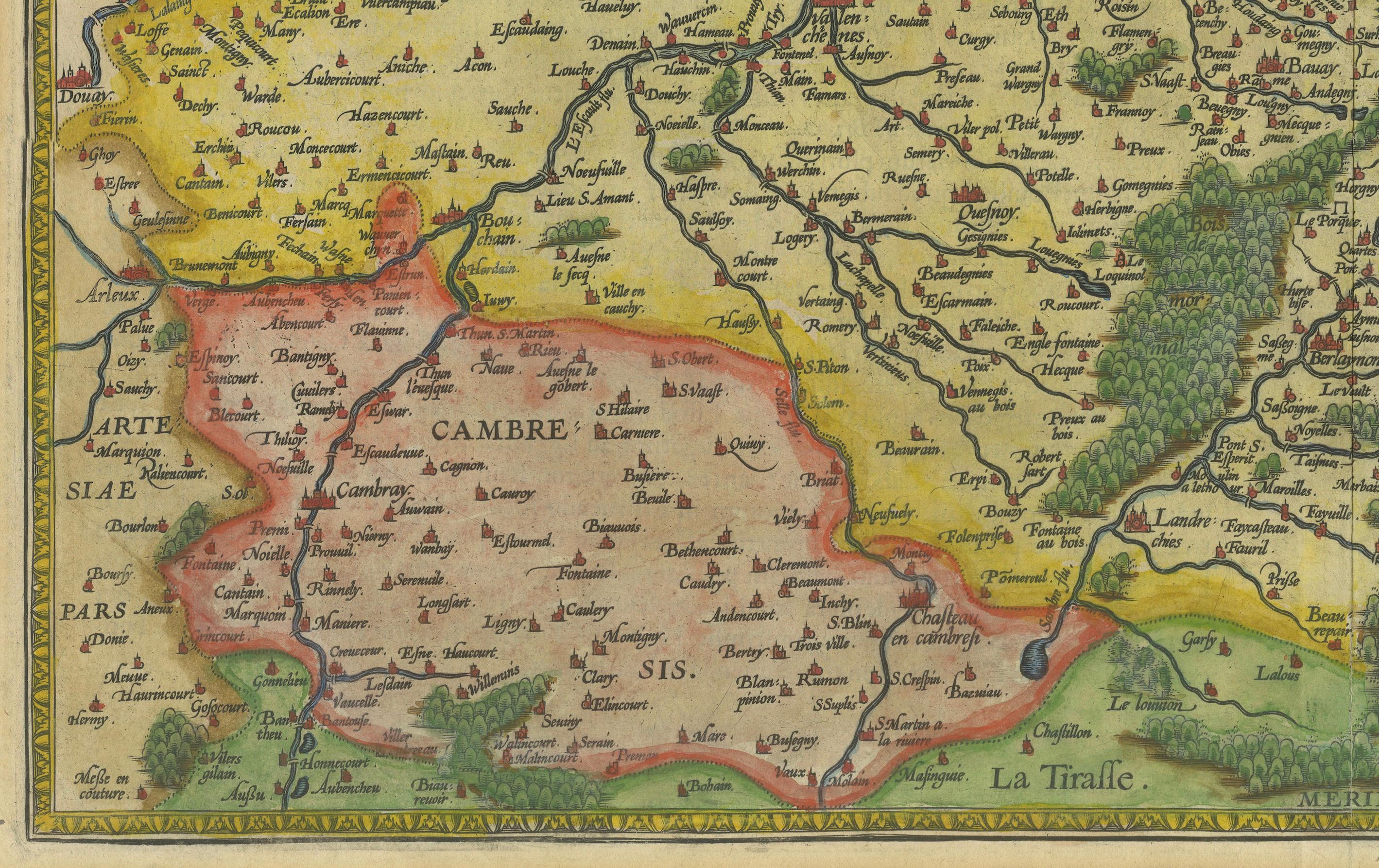 Inciso Mappa dell'Hainaut di Ortelius del 1590 - Rara mappa di confine franco-belga colorata a mano in vendita