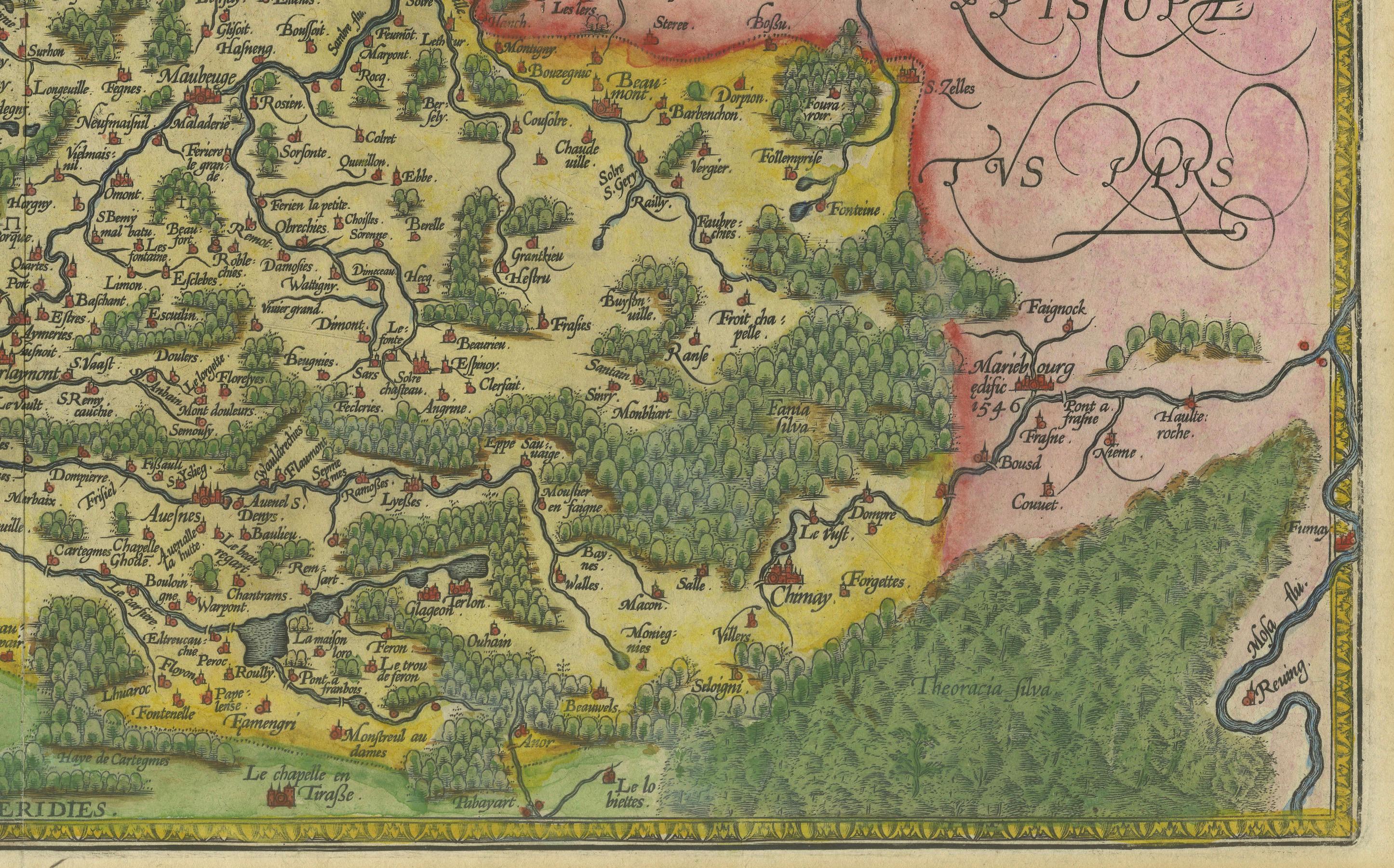 Mappa dell'Hainaut di Ortelius del 1590 - Rara mappa di confine franco-belga colorata a mano In condizioni discrete in vendita a Langweer, NL