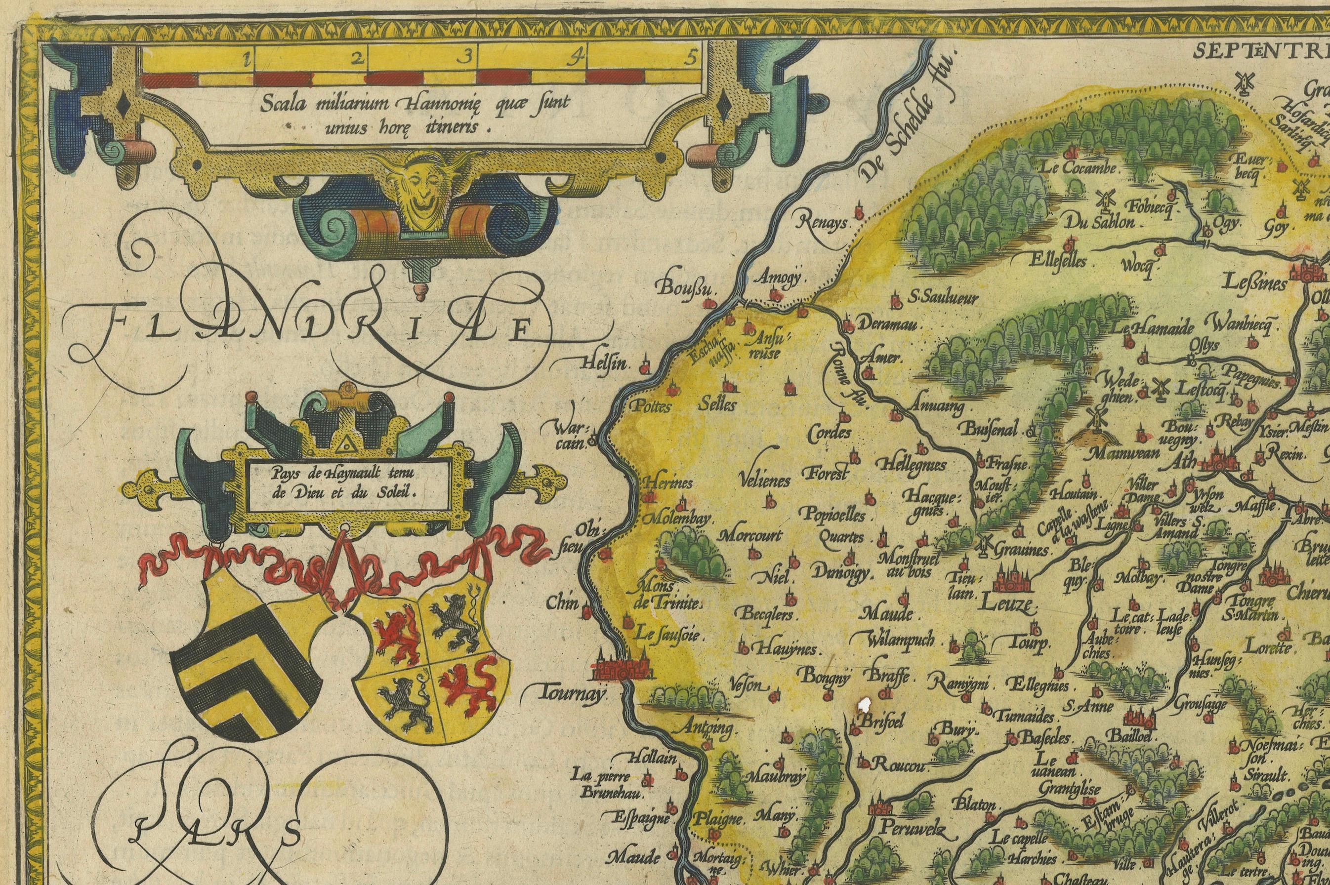 Carta Mappa dell'Hainaut di Ortelius del 1590 - Rara mappa di confine franco-belga colorata a mano in vendita