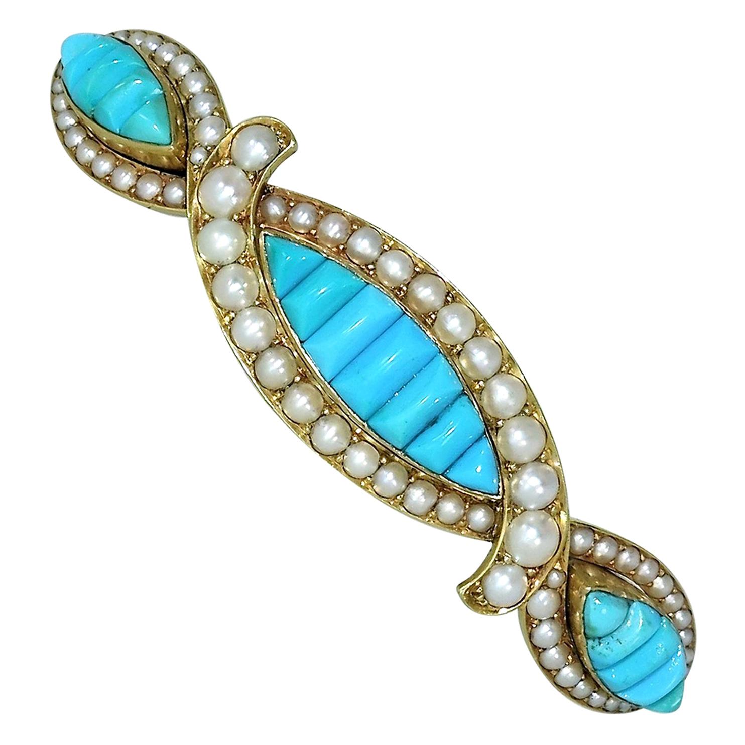 Hair Barrette 19th Century Natural Persian Turquoise and Natural Pearls