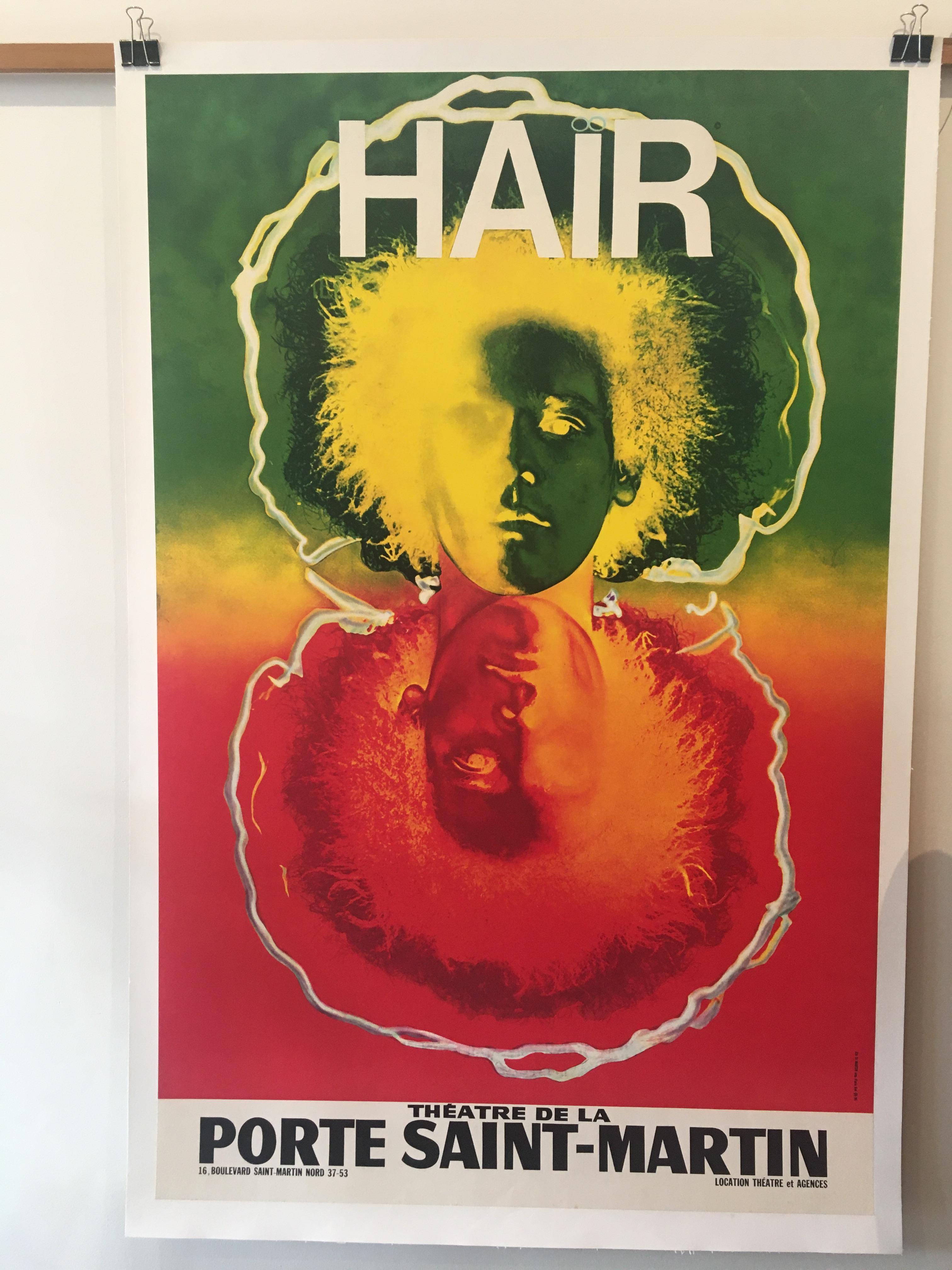 Mid-Century Modern Hair Theatre De La Porte Saint-Martin Original Vintage Poster, Circa 1960 For Sale