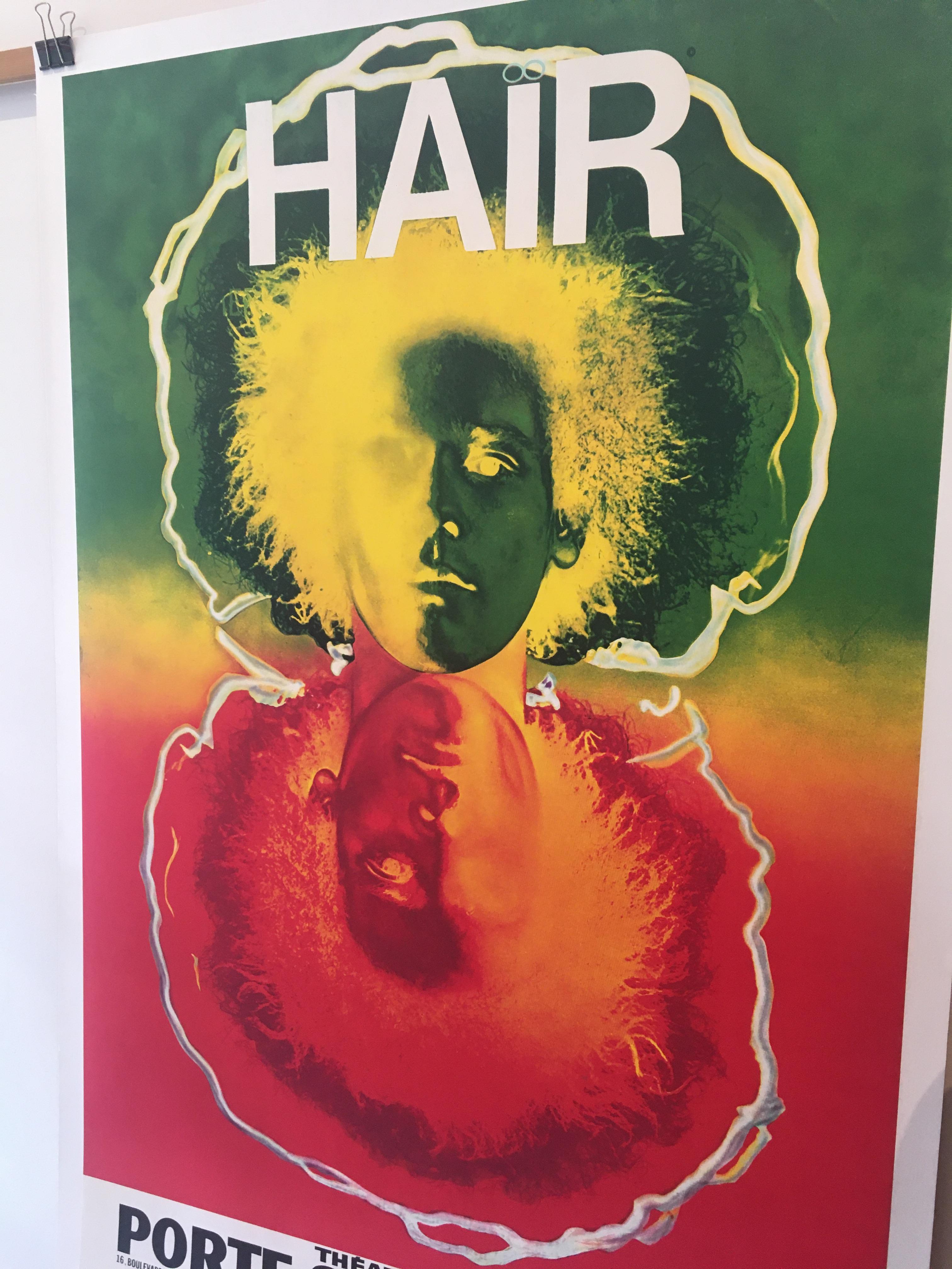 Mid-Century Modern Hair Theatre De La Porte Saint-Martin Original Vintage Poster, Circa 1960 For Sale
