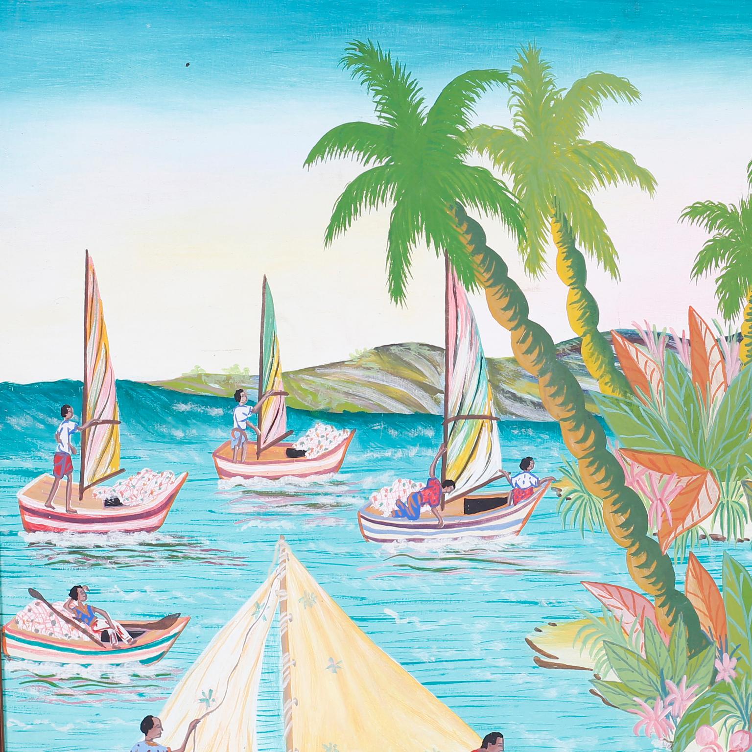 Enchanting tropical painting on board executed with bright warm colors in a naive style of boats, trees, houses and figures signed in the lower right Sorel Art Provo and presented in a carved wood frame.