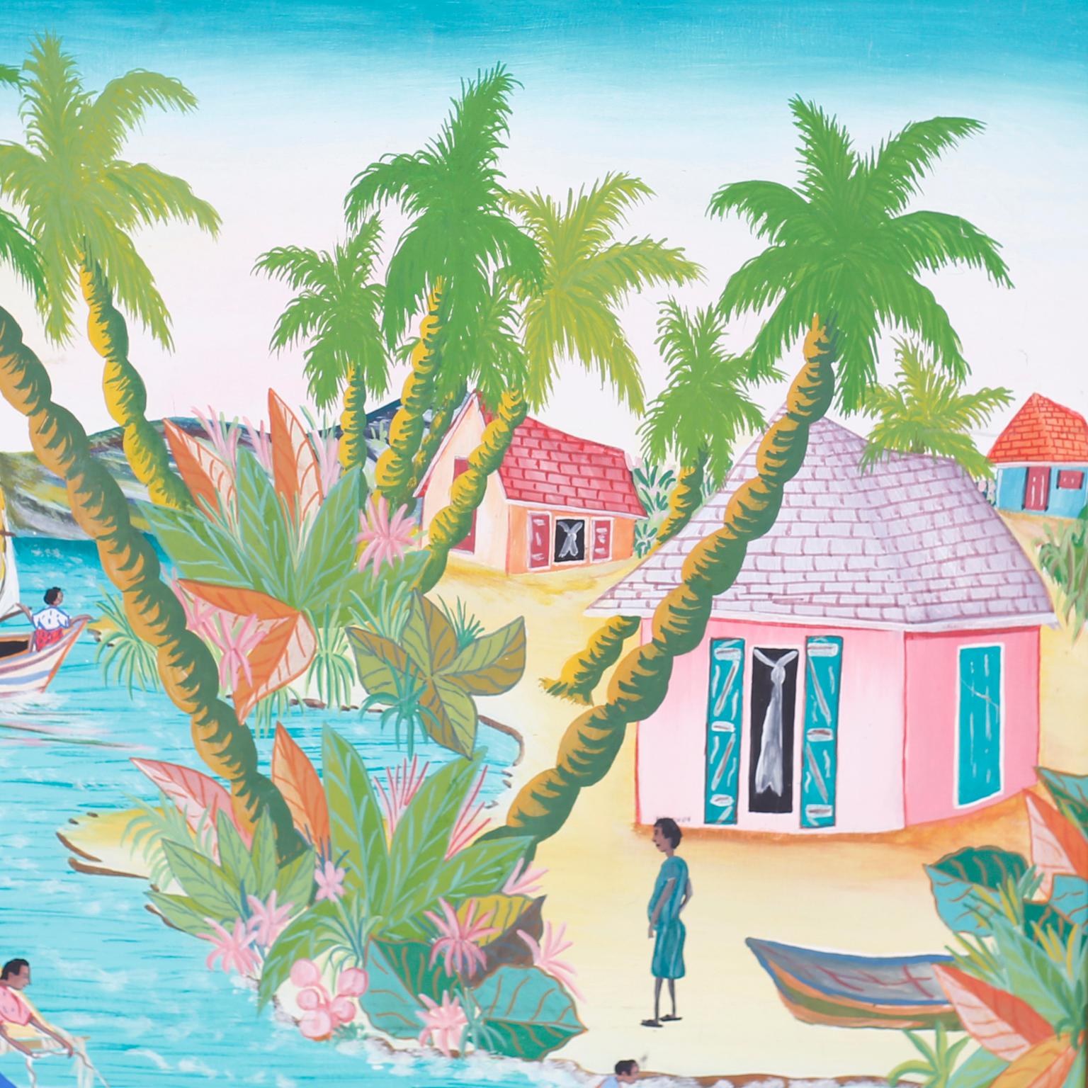 Folk Art Haitian Acrylic Painting on Board by Sorel