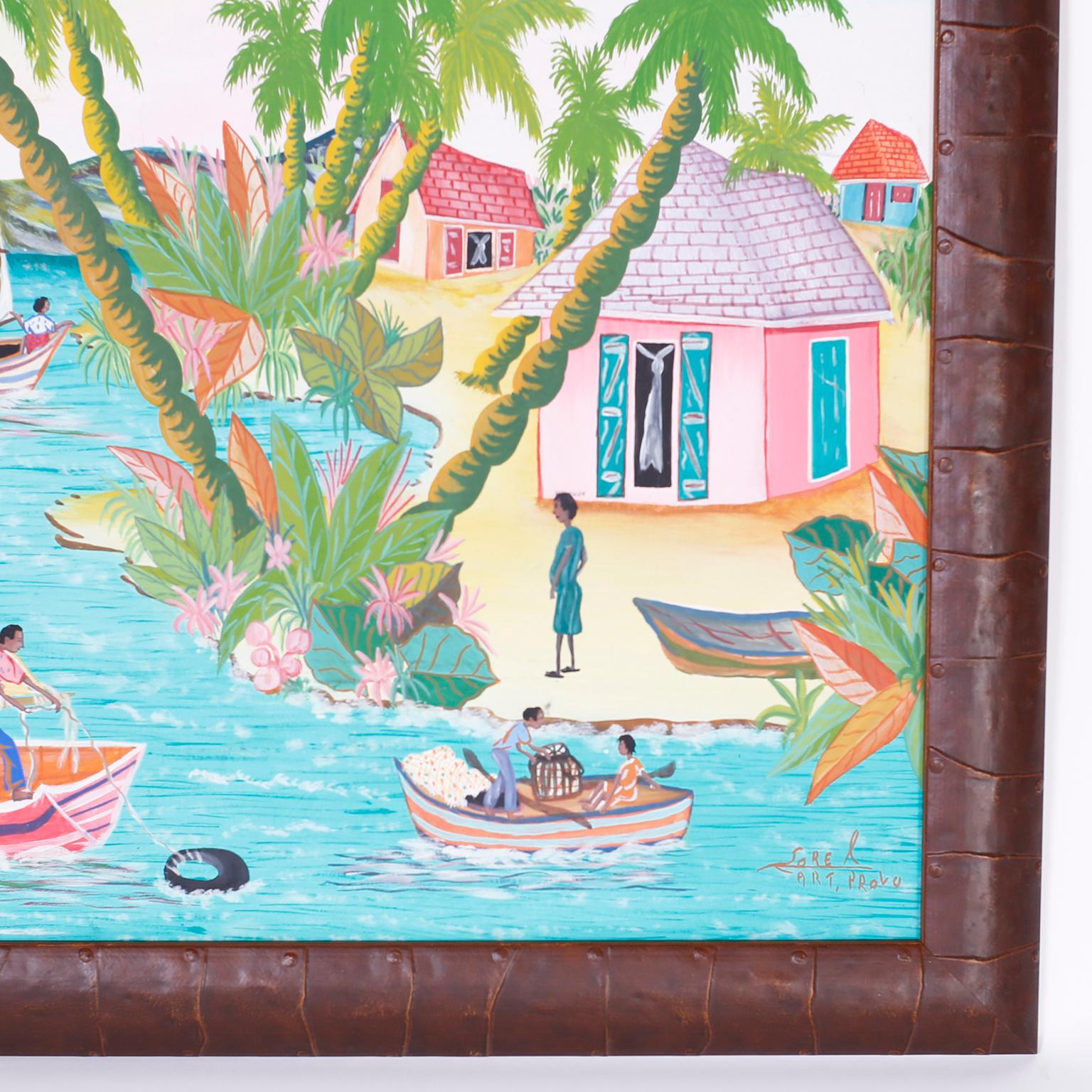 Haitian Acrylic Painting on Board by Sorel In Good Condition In Palm Beach, FL