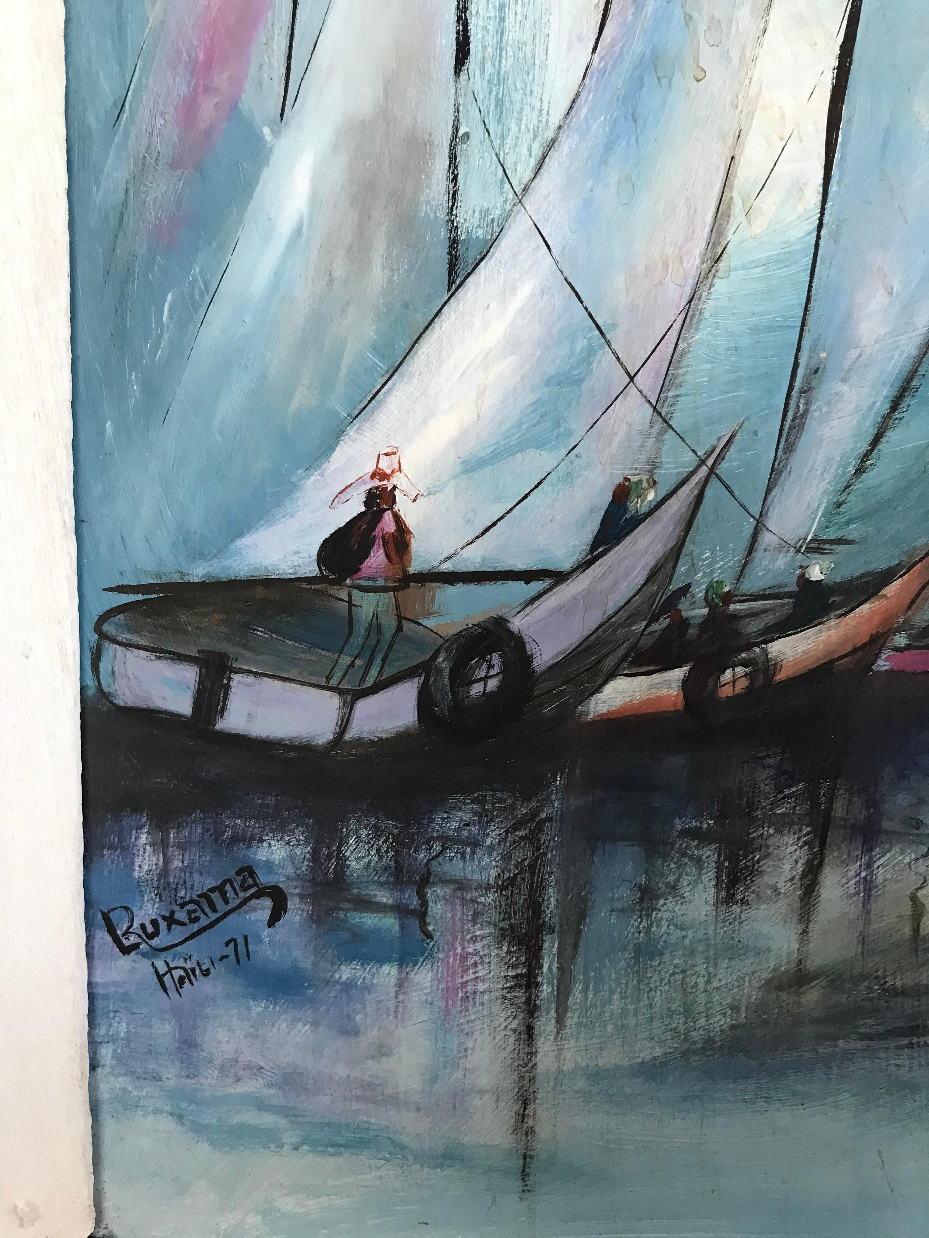 Haitian School (20th century), sailboat scene with figures on fishing boats, 1971, oil on board, signed 