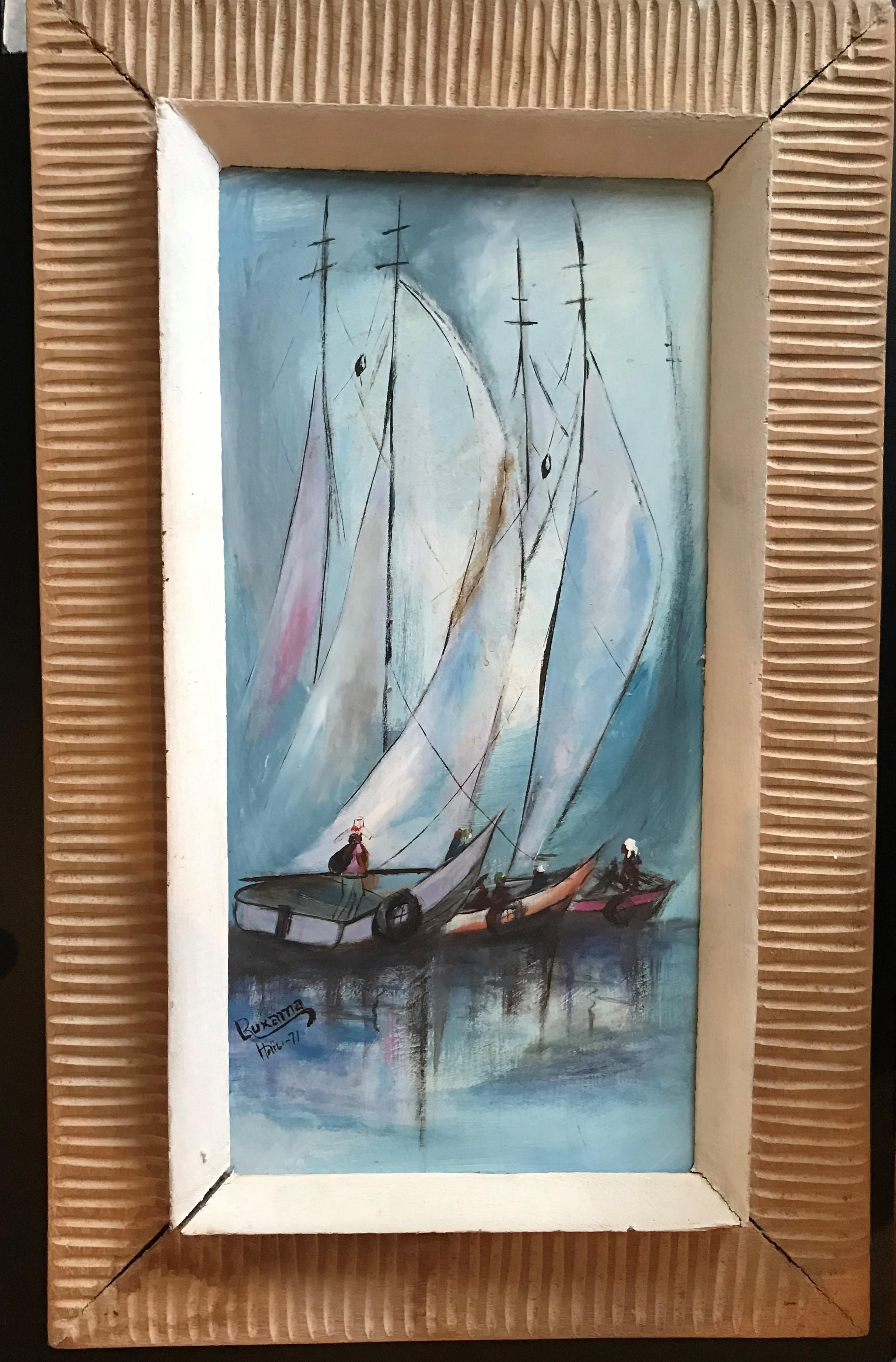 Haitian Art Sailboats Painting Signed and Dated 1971 in Original Carved Frame In Good Condition In Miami, FL