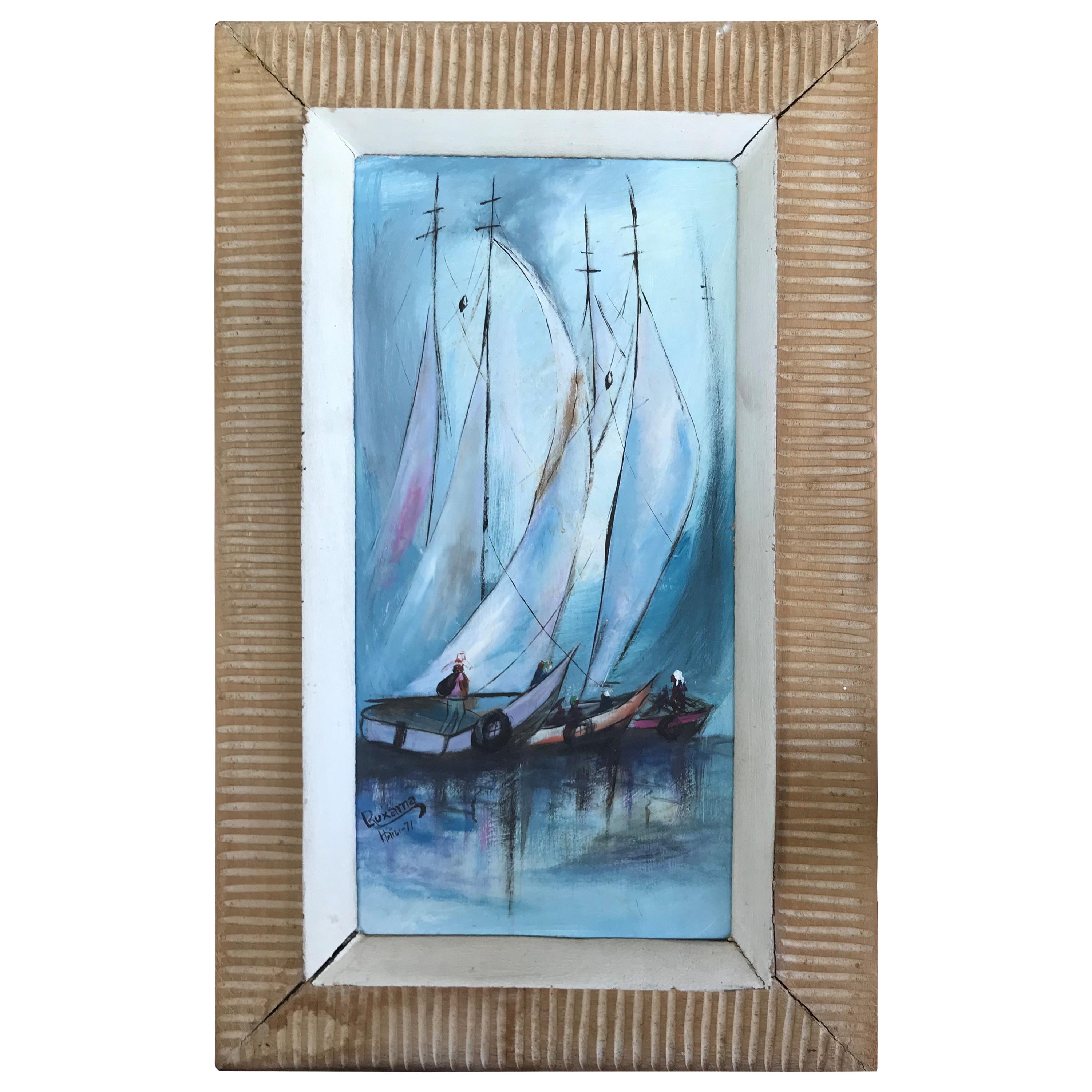 Haitian Art Sailboats Painting Signed and Dated 1971 in Original Carved Frame