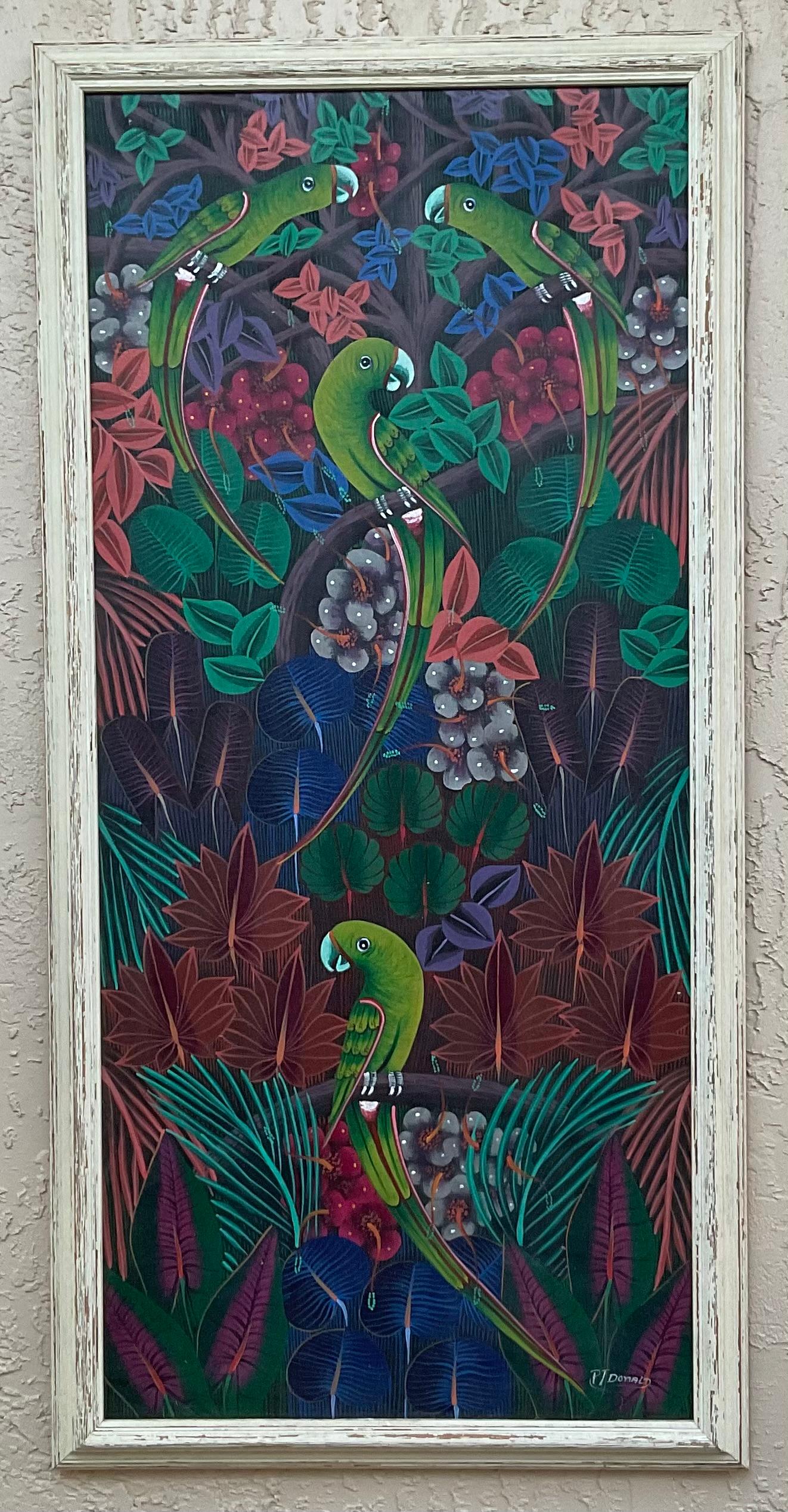 

Este hermoso cuadro haitiano es una auténtica obra de arte, que muestra los vibrantes colores y los intrincados detalles característicos del arte popular haitiano. Creada por un talentoso artista haitiano, esta obra capta la esencia de la rica