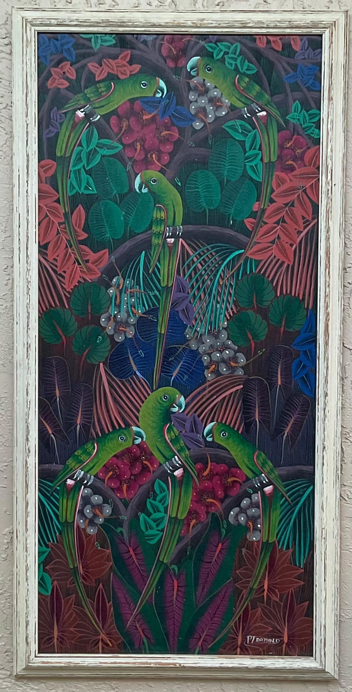 

Este hermoso cuadro haitiano es una auténtica obra de arte, que muestra los vibrantes colores y los intrincados detalles característicos del arte popular haitiano. Creada por un talentoso artista haitiano, esta obra capta la esencia de la rica