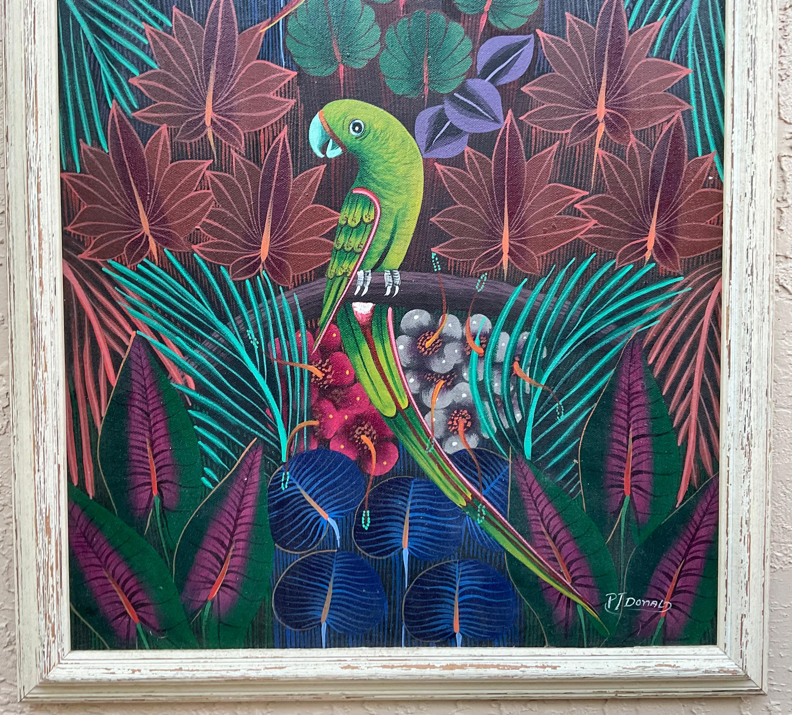 Obra maestra del arte popular haitiano , Pintura acrílica sobre lienzo en Bueno estado para la venta en Delray Beach, FL