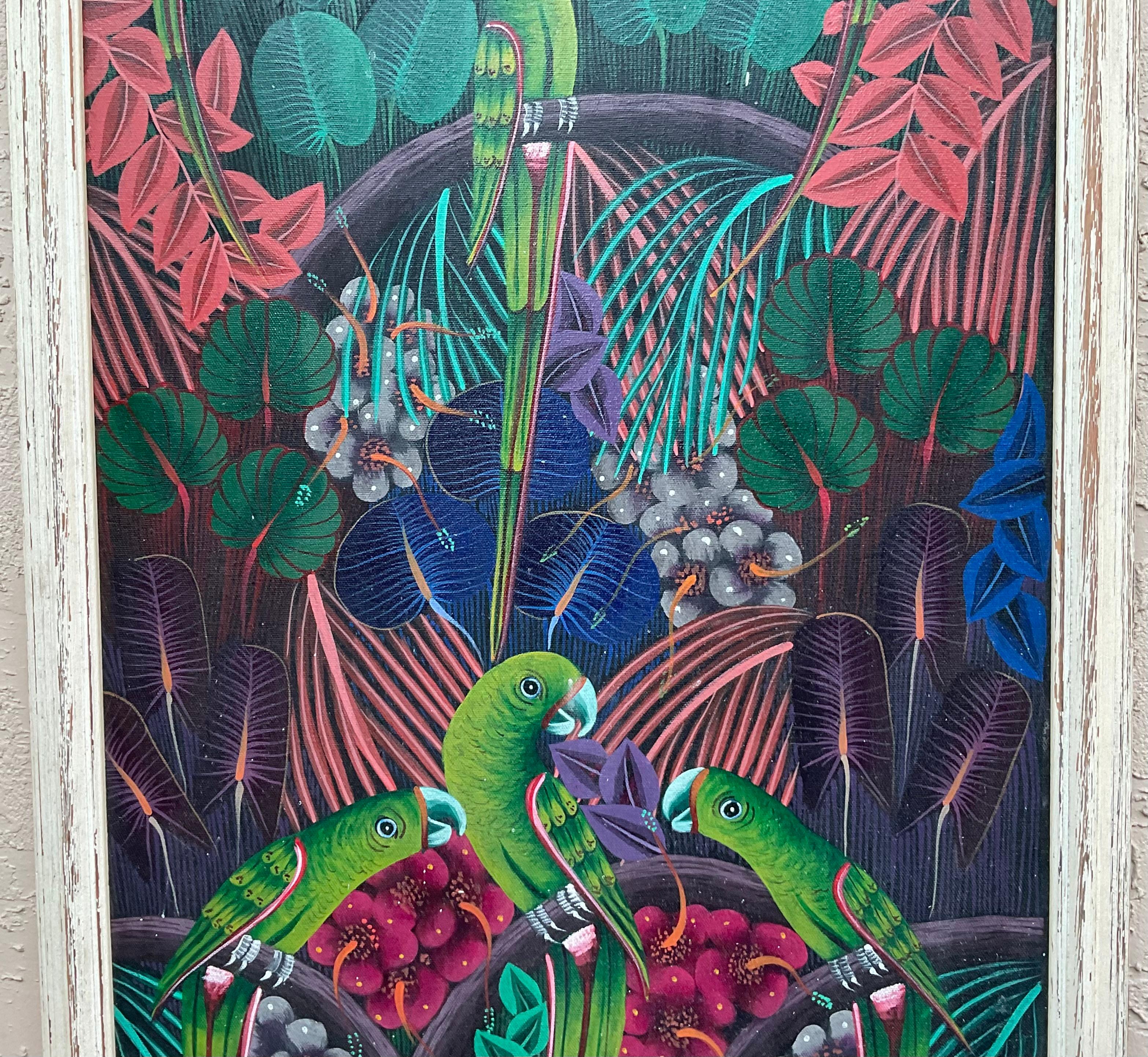 Obra maestra del arte popular haitiano , Pintura acrílica sobre lienzo en Bueno estado para la venta en Delray Beach, FL