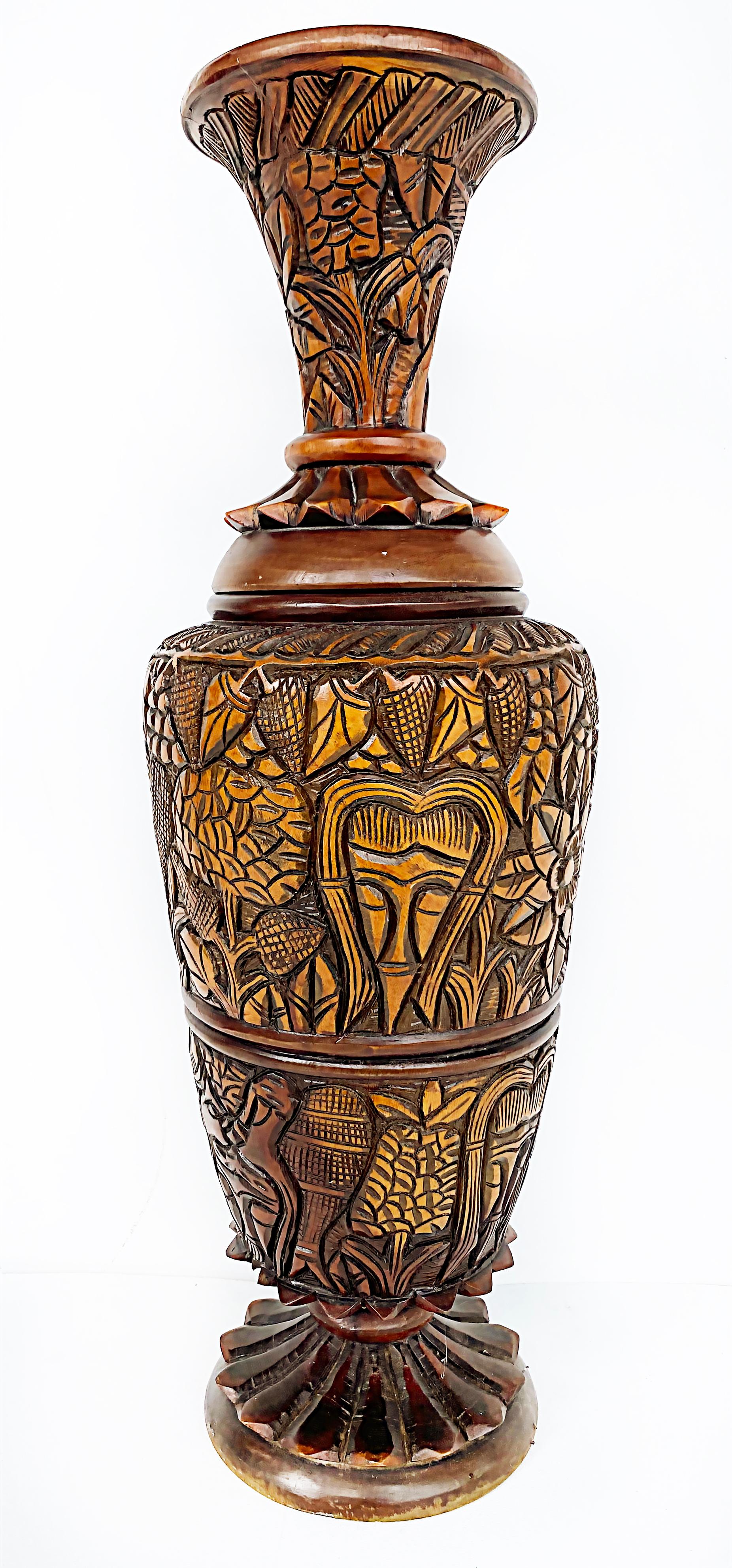 Hand-Carved Haitian Heavily Hand Carved Wood 2-Piece Vase 