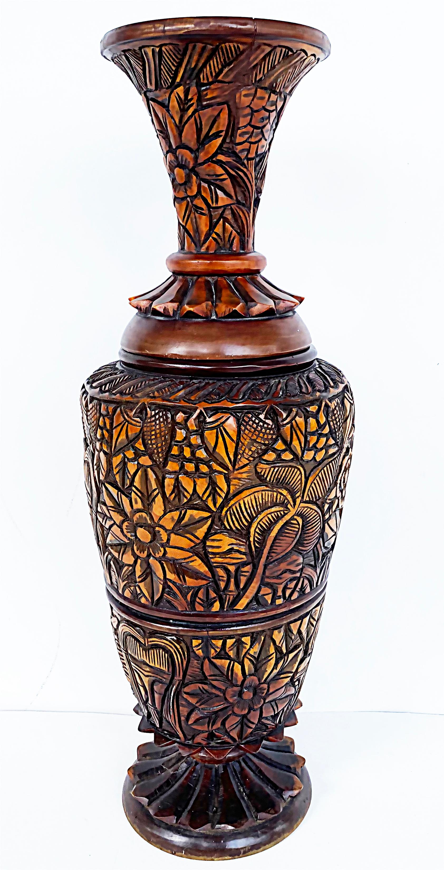 Haitian Heavily Hand Carved Wood 2-Piece Vase  In Good Condition In Miami, FL