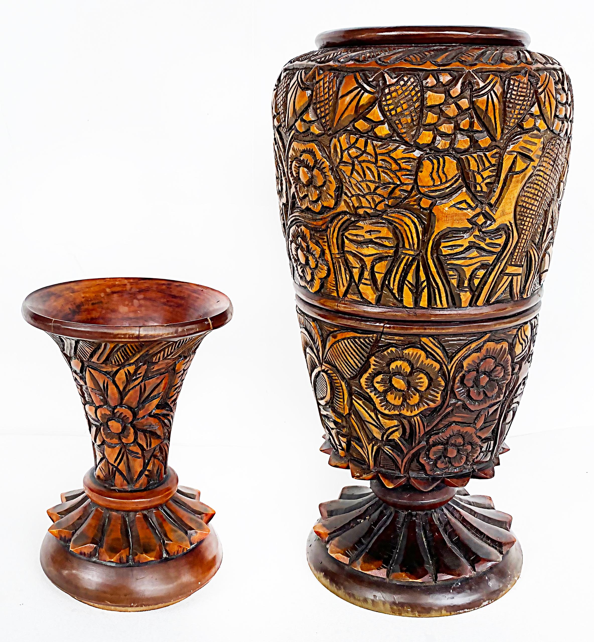 20th Century Haitian Heavily Hand Carved Wood 2-Piece Vase 