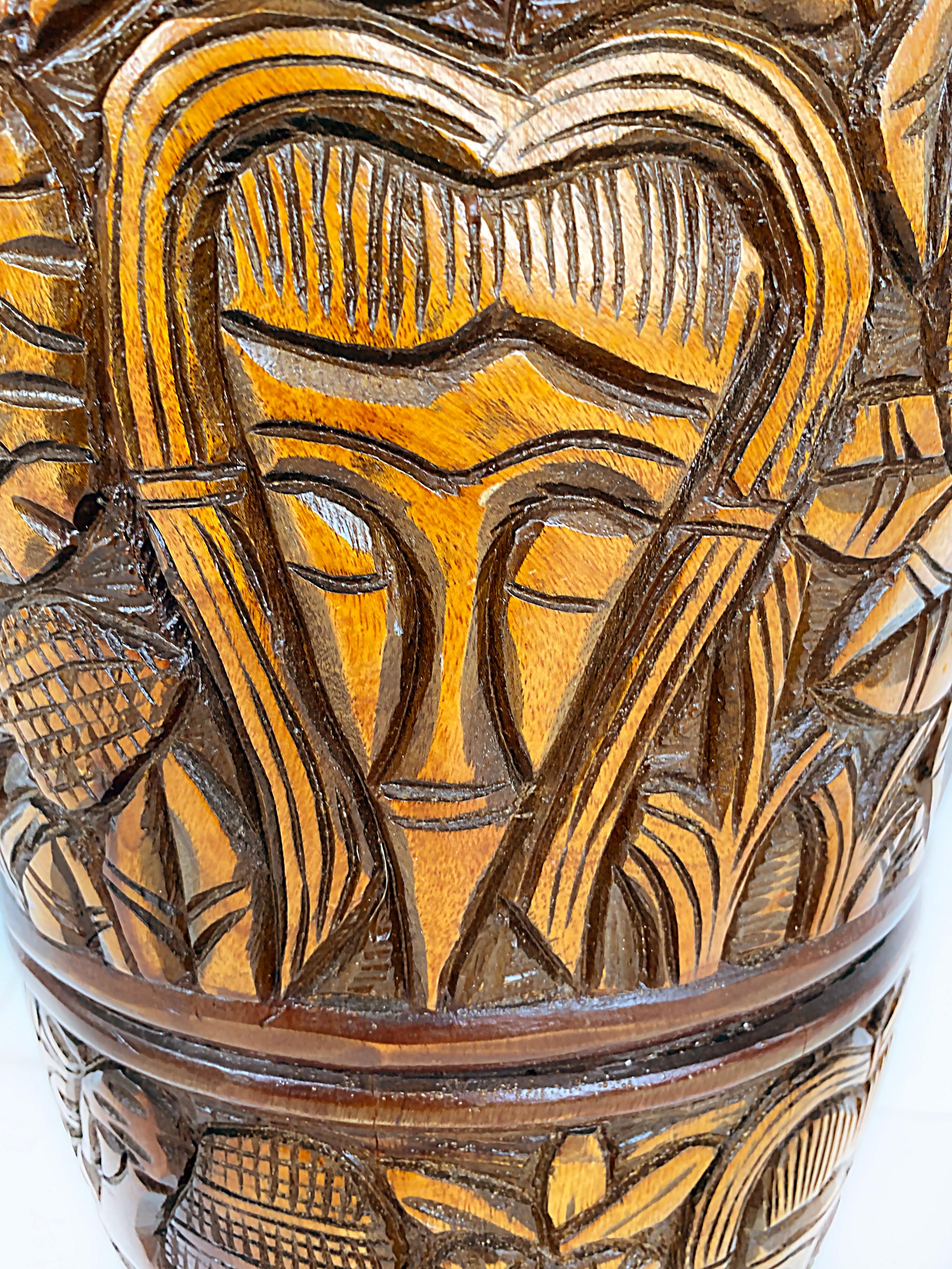 Haitian Heavily Hand Carved Wood 2-Piece Vase  2
