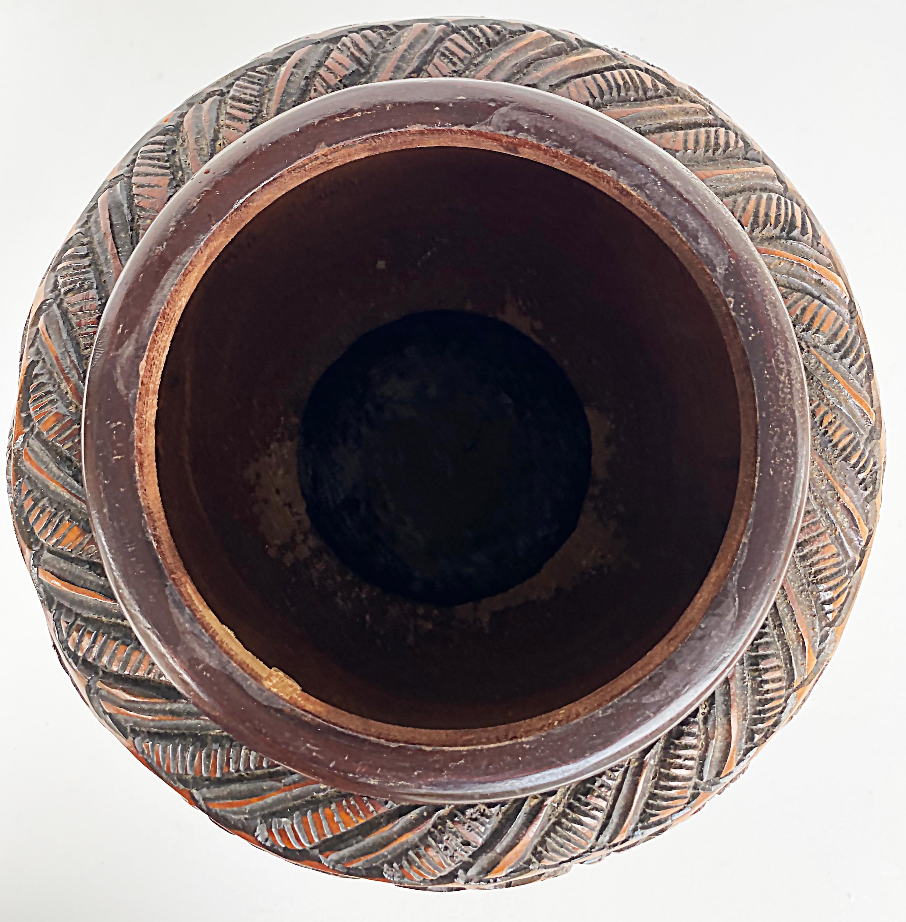 Haitian Heavily Hand Carved Wood 2-Piece Vase 3
