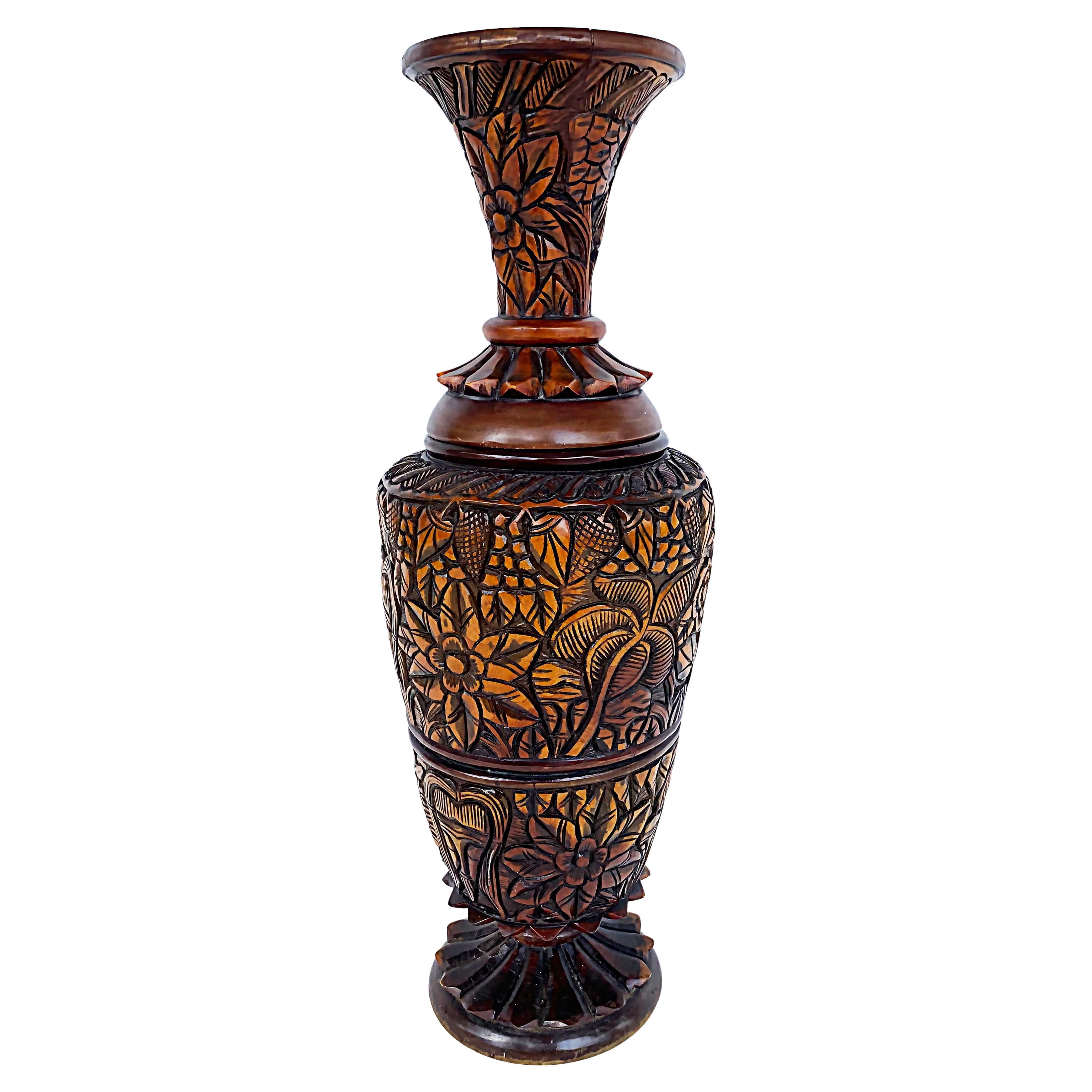 Haitian Heavily Hand Carved Wood 2-Piece Vase 