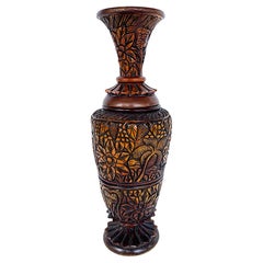 Haitian Heavily Hand Carved Wood 2-Piece Vase 