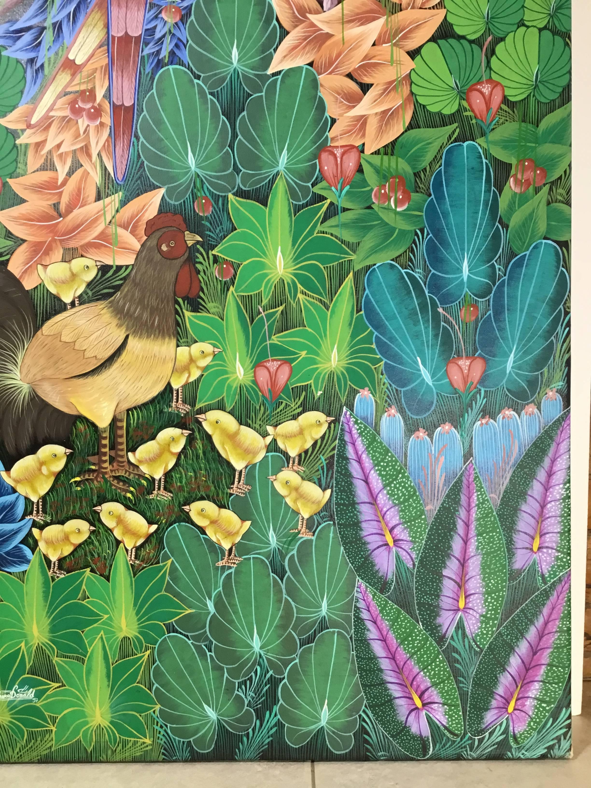 Beautiful oil painting on canvas depicting lush colorful jungle scene with parrots, chicken and chicks all surrounded by vines fruit and flowers. This exceptional original oil painting is signed and dated by the artist on the bottom right. Frame is