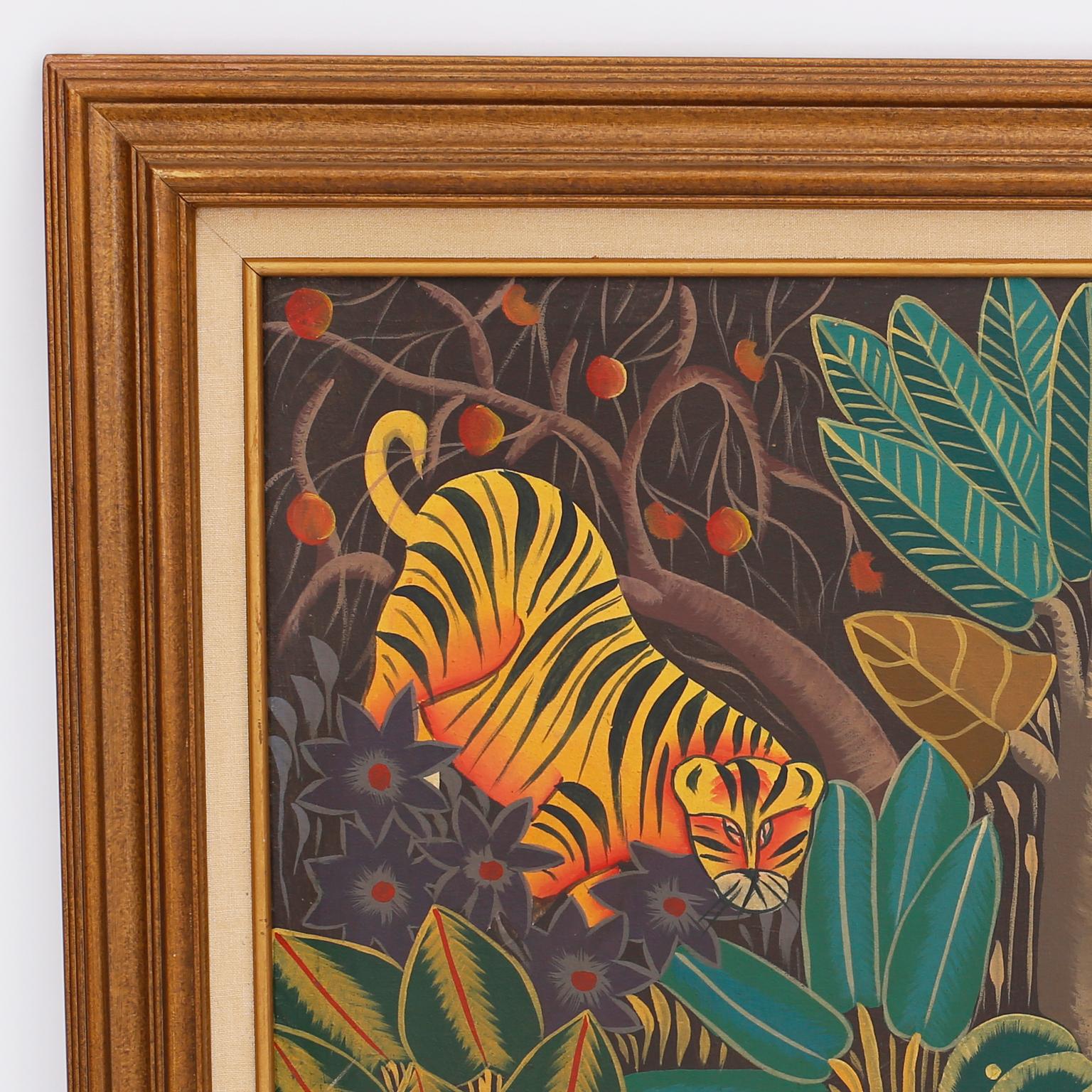 Peinture à l'huile fantaisiste sur toile représentant des tigres et des éléphants dans un décor de jungle stylisé, dans un style naïf et folklorique typique des artistes haïtiens. Signé Yvon en bas et présenté dans un cadre en bois.