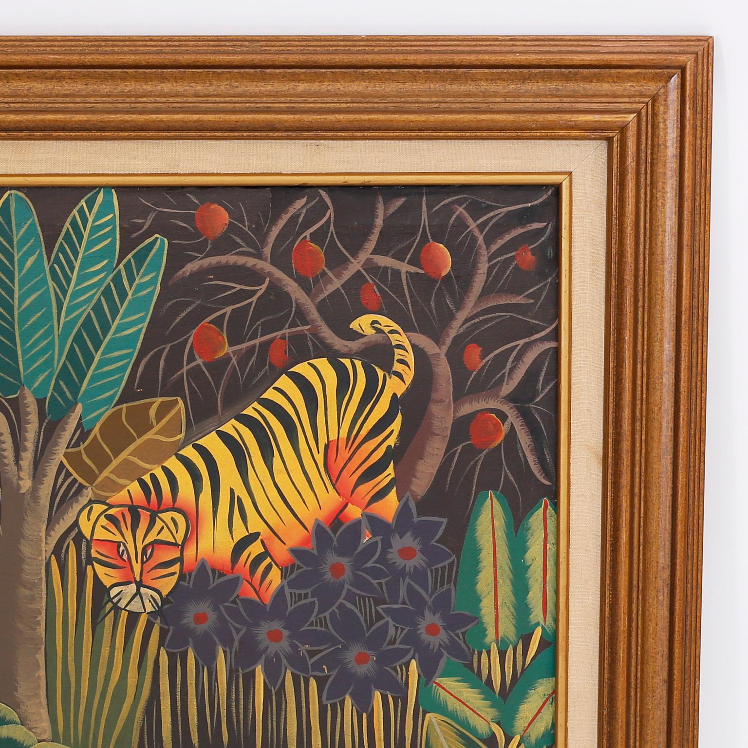 Artisanat Peinture à l'huile haïtienne sur toile représentant des tigres