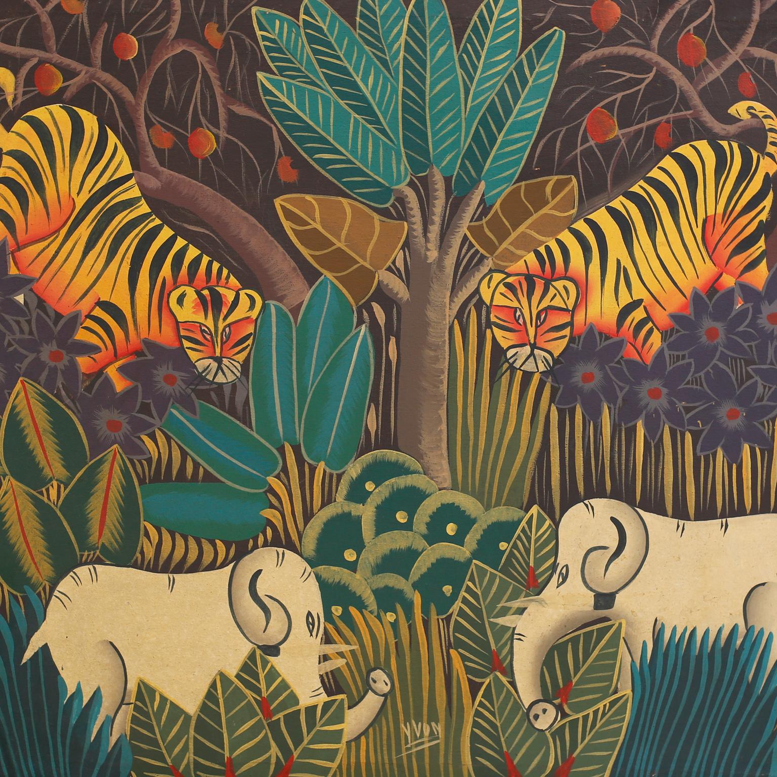 Peinture à l'huile haïtienne sur toile représentant des tigres Bon état à Palm Beach, FL