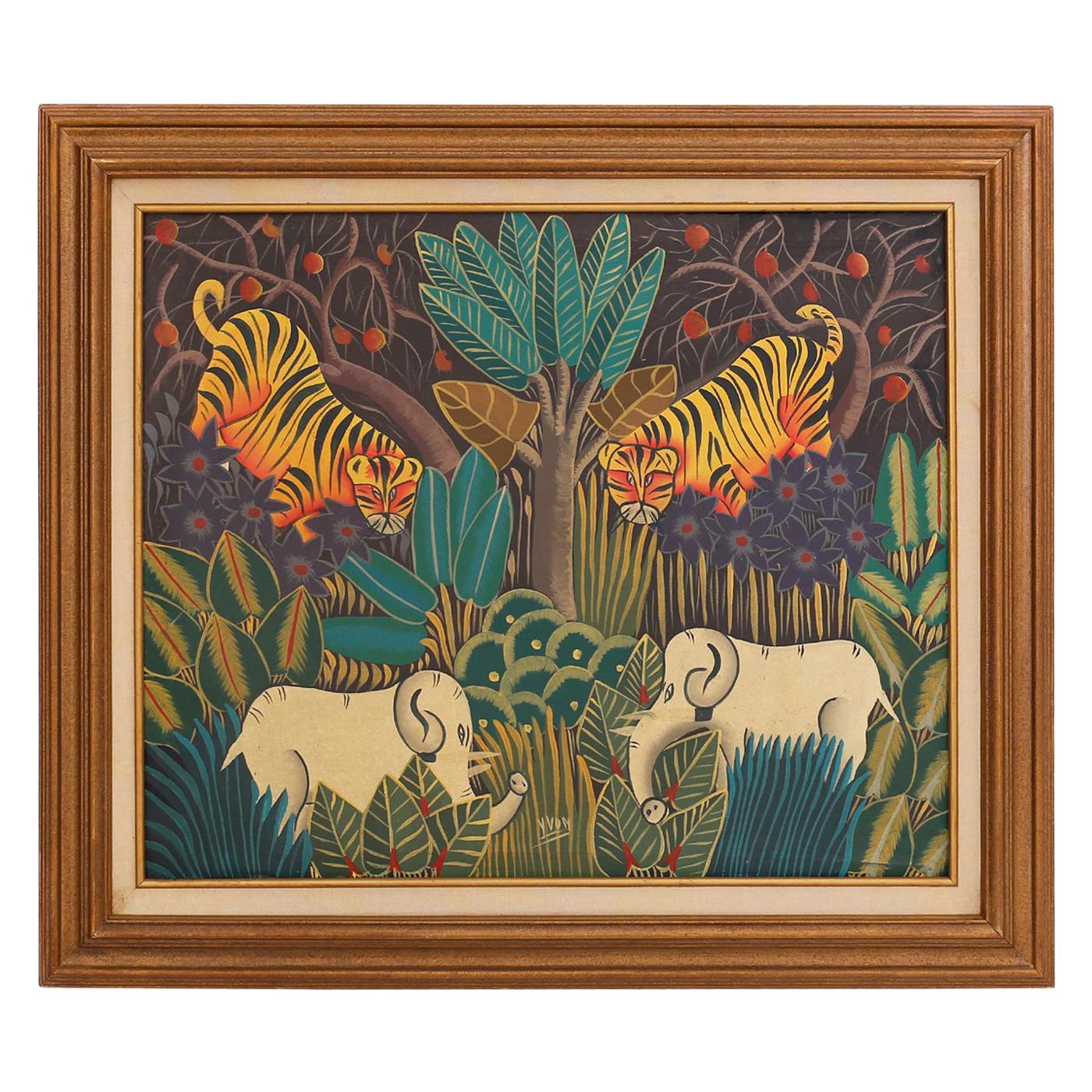 Peinture à l'huile haïtienne sur toile représentant des tigres