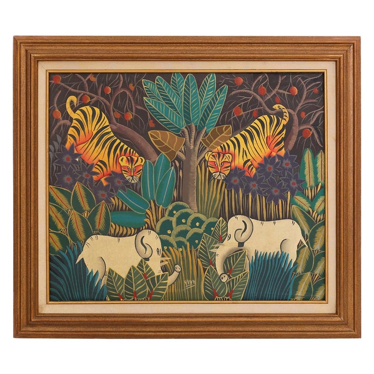 Haitian Oil Painting on Canvas with Tigers For Sale