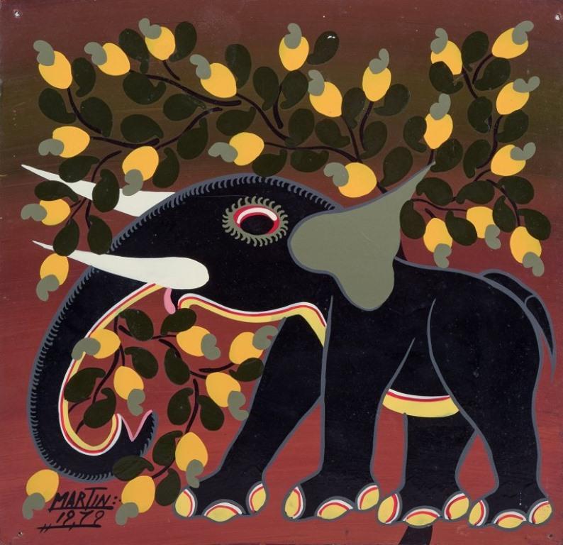 Pittore haitiano.
Vitello di elefante. Stile ingenuo.
Acrilico su tavola. 
Firmato: Martin 1979.
In ottime condizioni.
Quattro fori per il montaggio a parete.
Dimensioni: L 31,0 cm x H 29,6 cm.