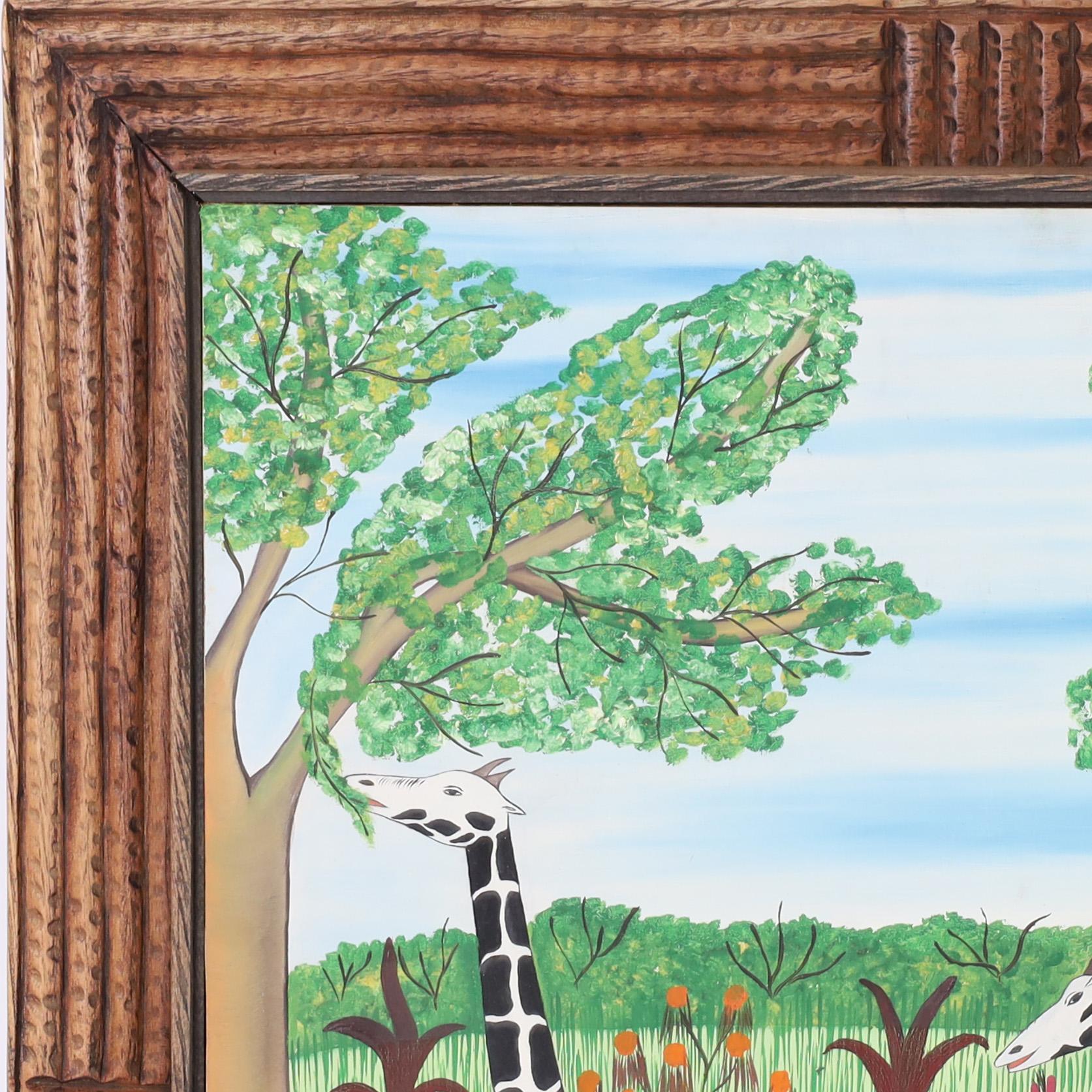 Auffälliges Vintage-Acrylgemälde auf Karton von zwei Giraffen in einer Landschaft mit Blumen und Bäumen, ausgeführt in einer unverwechselbaren verspielten naiven Technik. Signiert Fils Rigaud Benoit 74 und in der ursprünglichen geschnitzten