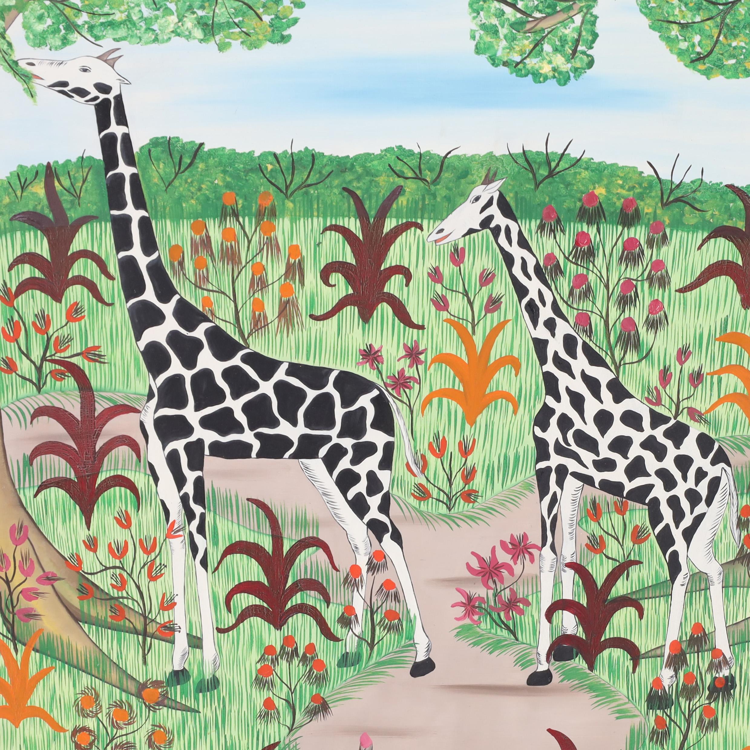 20th Century Haitian Painting of Giraffes For Sale